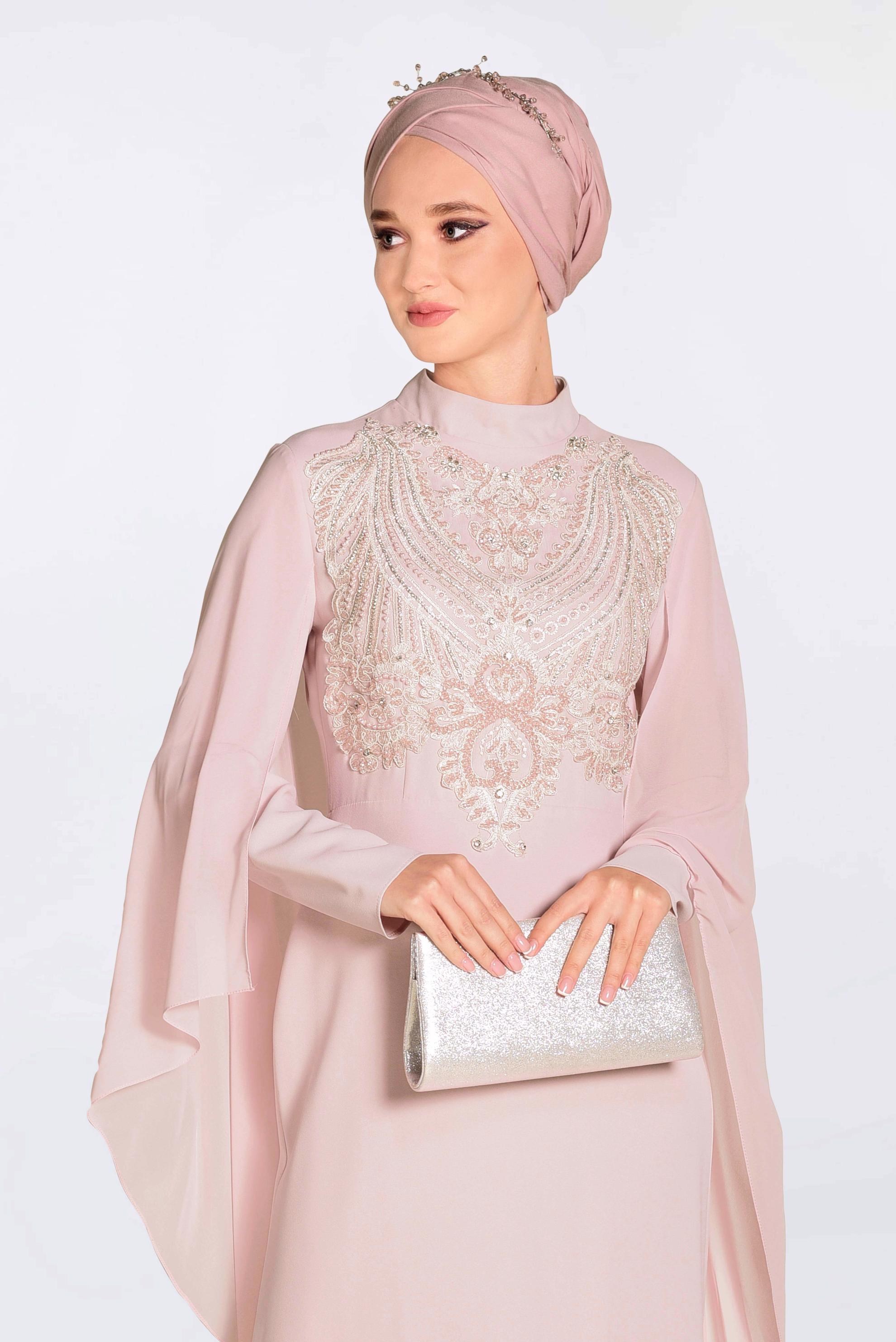 Tesettür giyim PUDRA İŞLEMELİ PELERİNLİ ABİYE ELBİSE 5514
