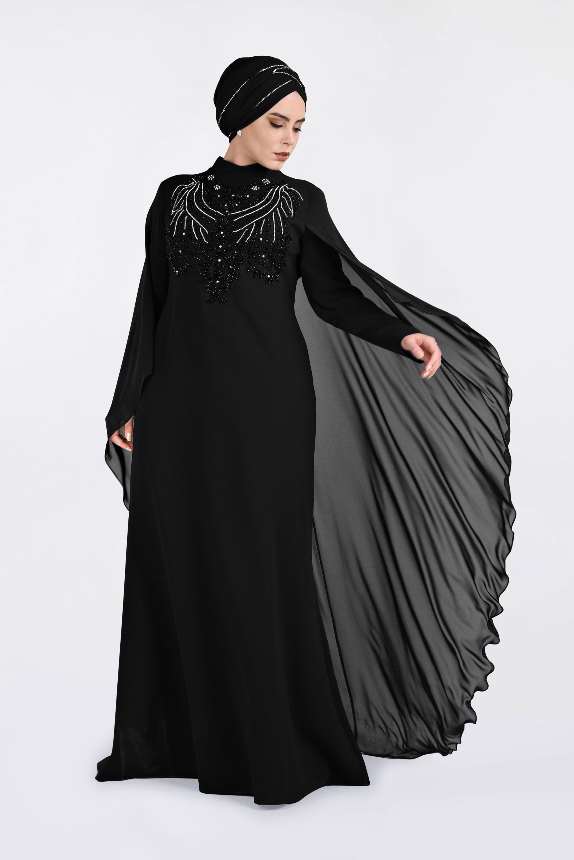 Tesettür giyim SİYAH PELERİNLİ ŞİFON ABİYE ELBİSE 5515