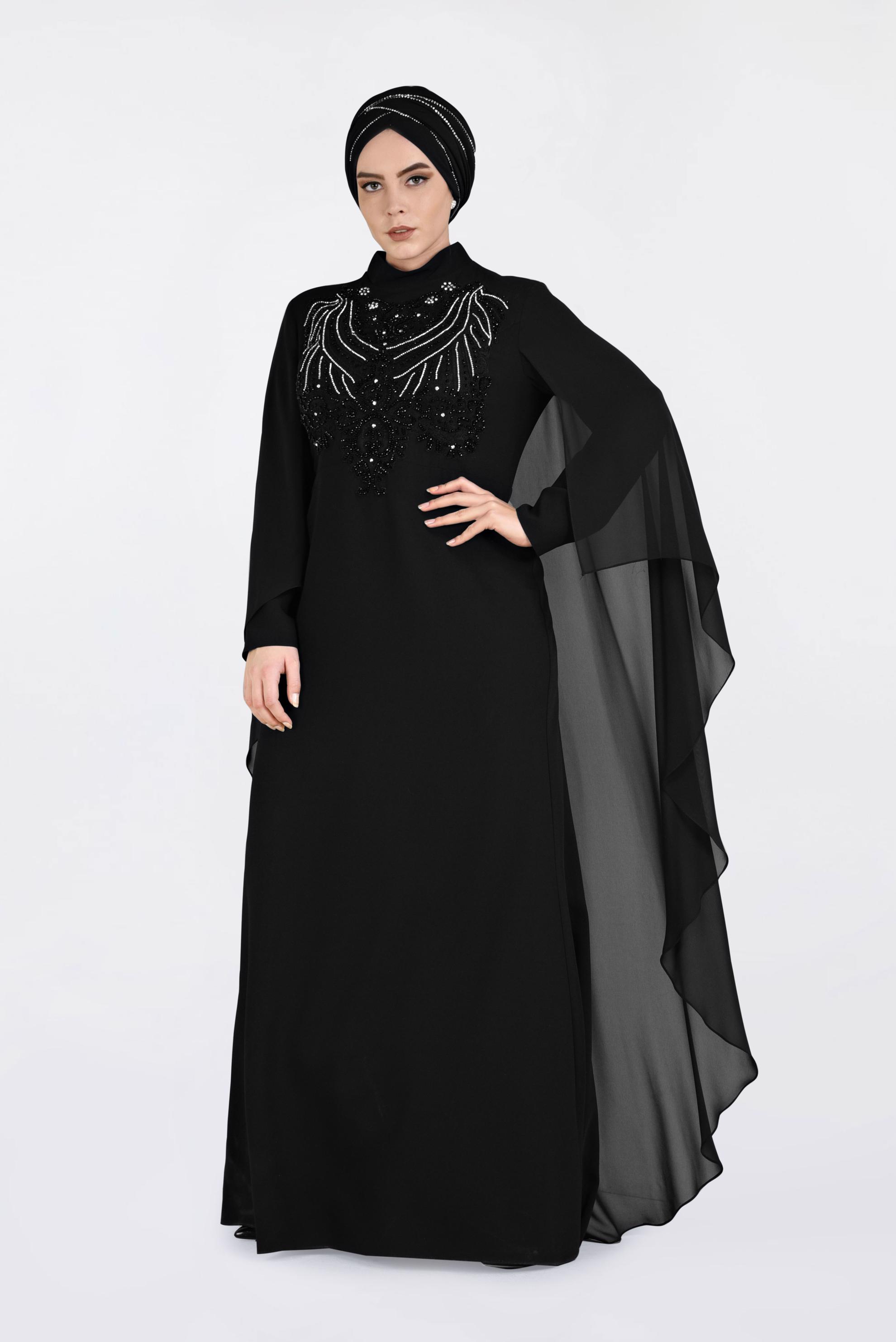 Tesettür giyim SİYAH PELERİNLİ ŞİFON ABİYE ELBİSE 5515