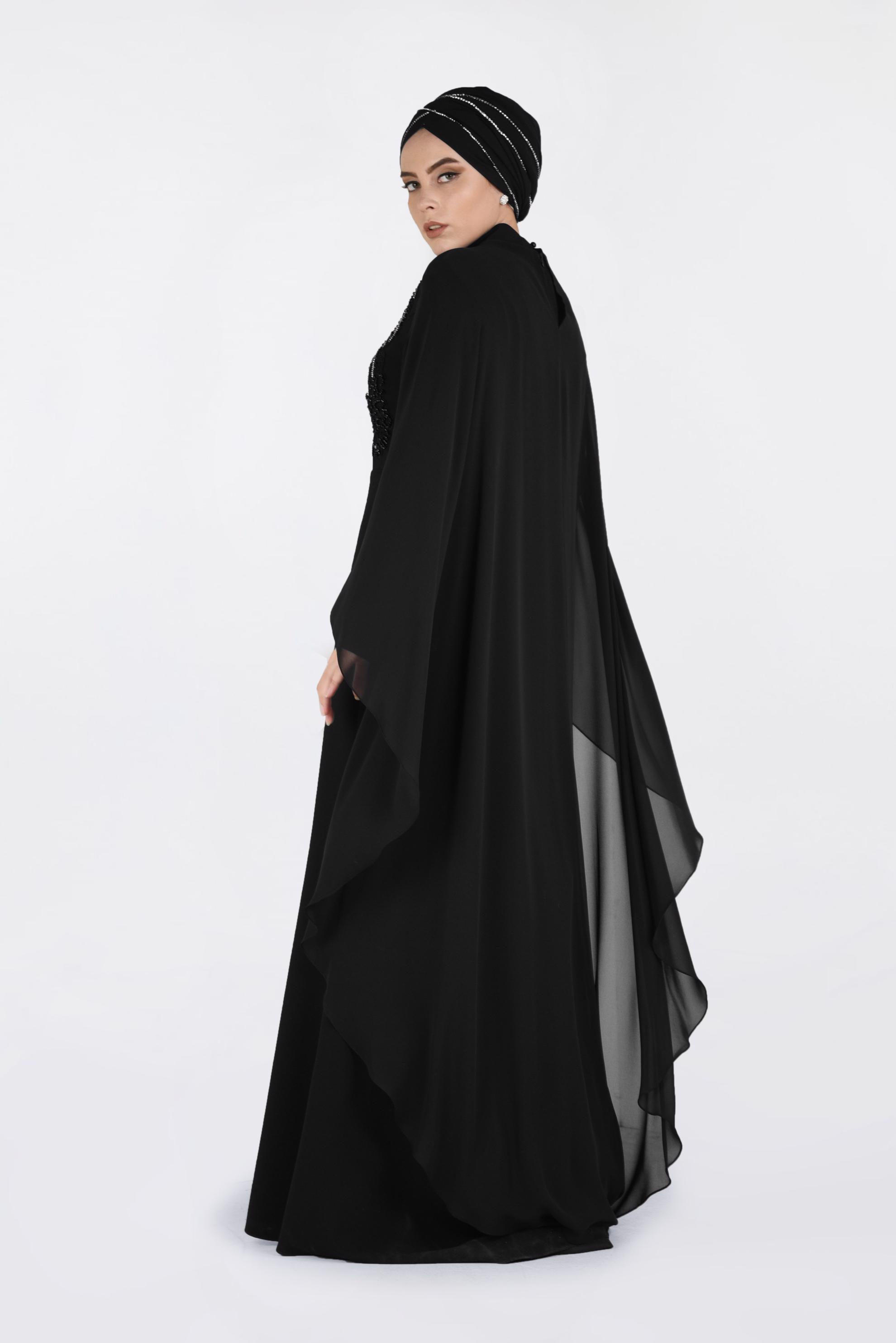 Tesettür giyim SİYAH PELERİNLİ ŞİFON ABİYE ELBİSE 5515