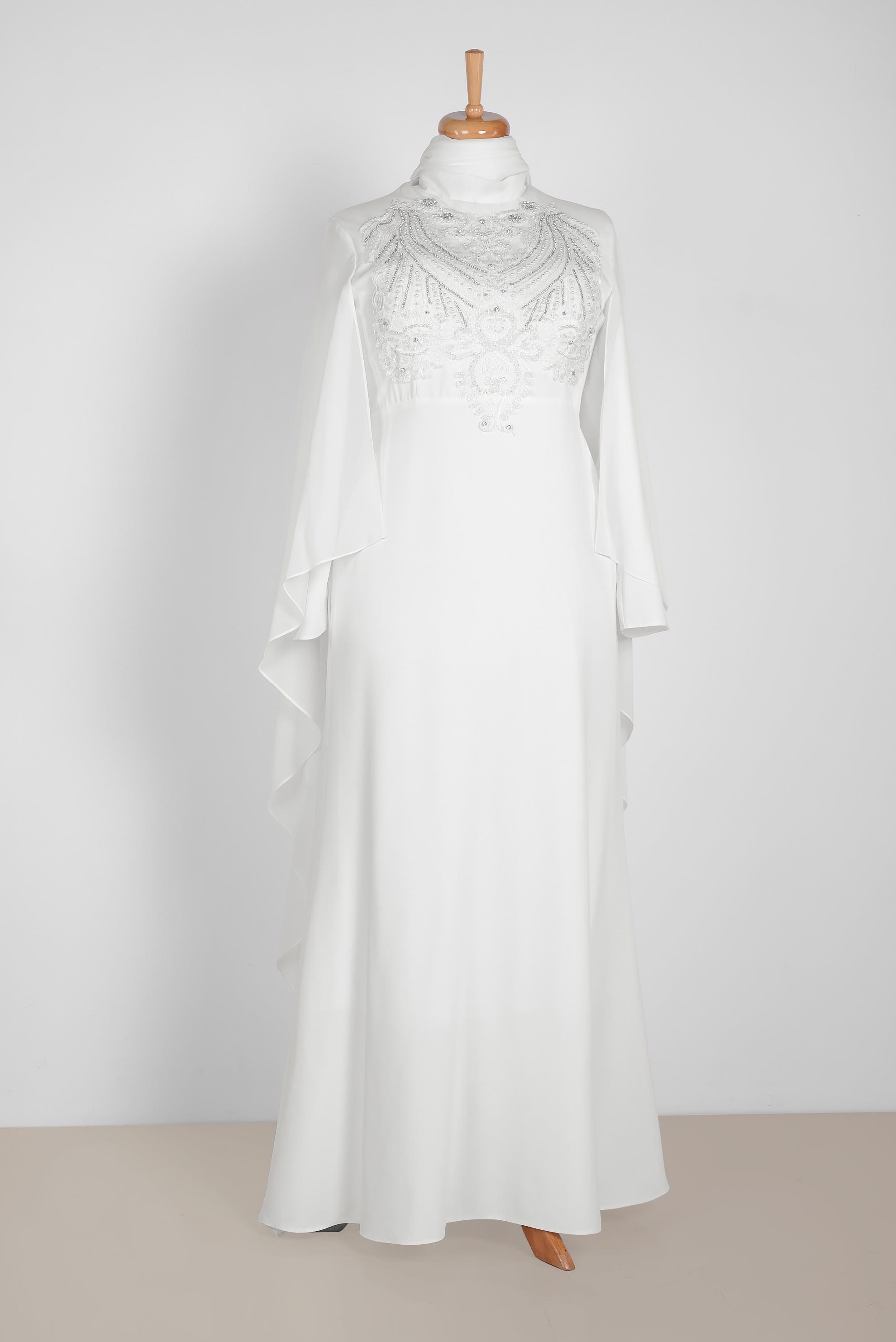 Tesettür giyim BEYAZ PELERİNLİ ŞİFON ABİYE ELBİSE 5515