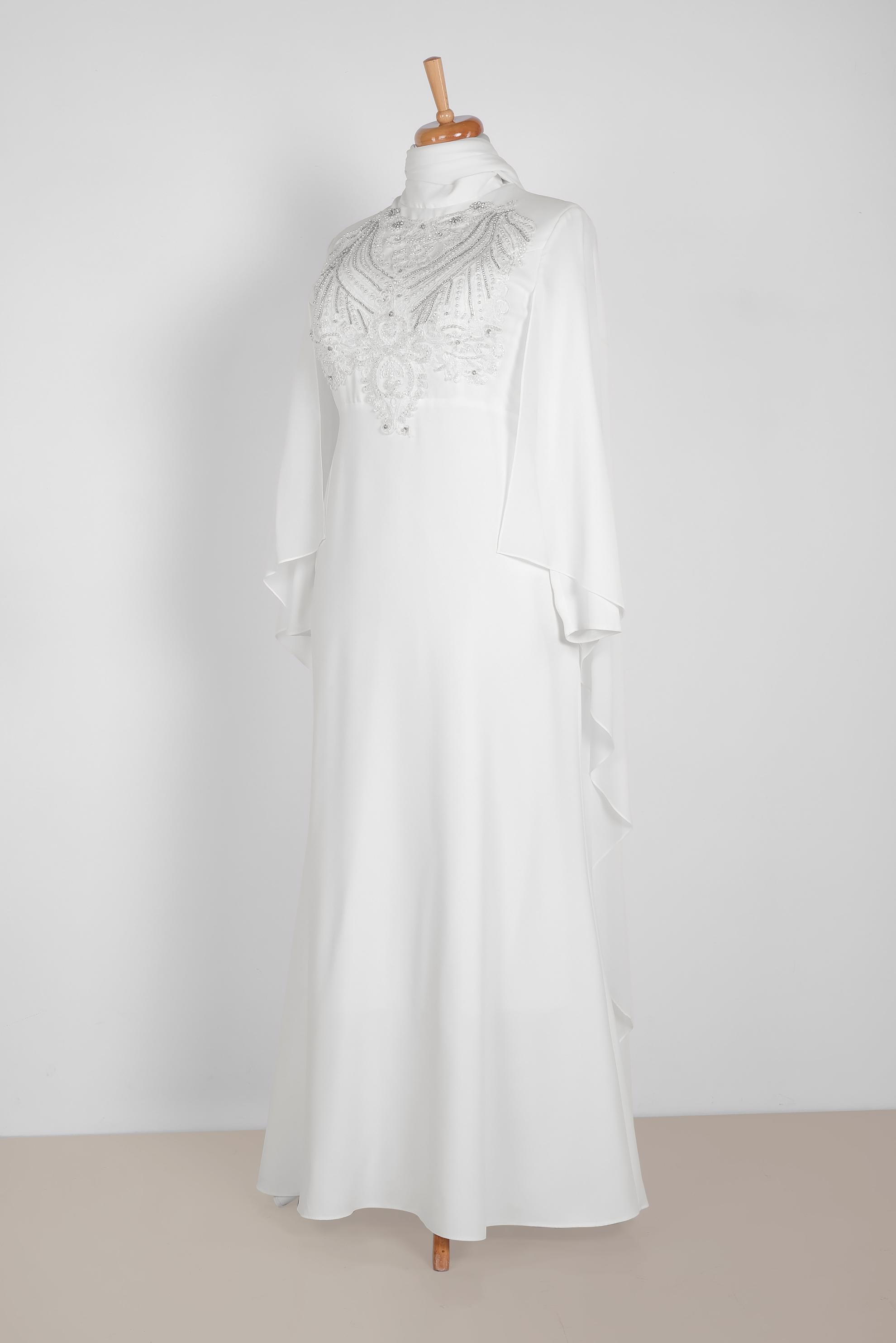 Tesettür giyim BEYAZ PELERİNLİ ŞİFON ABİYE ELBİSE 5515