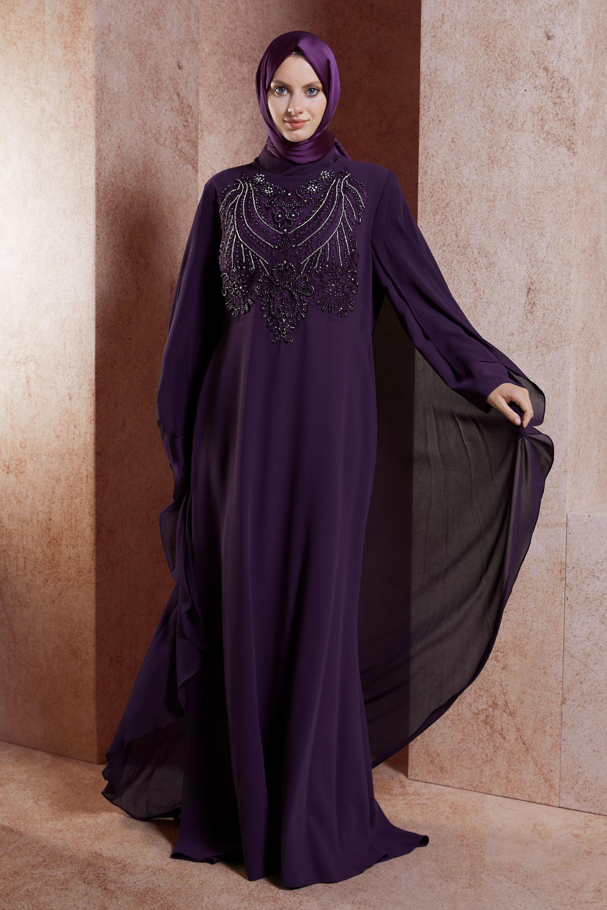 Tesettür giyim MOR PELERİNLİ ŞİFON ABİYE ELBİSE 5515