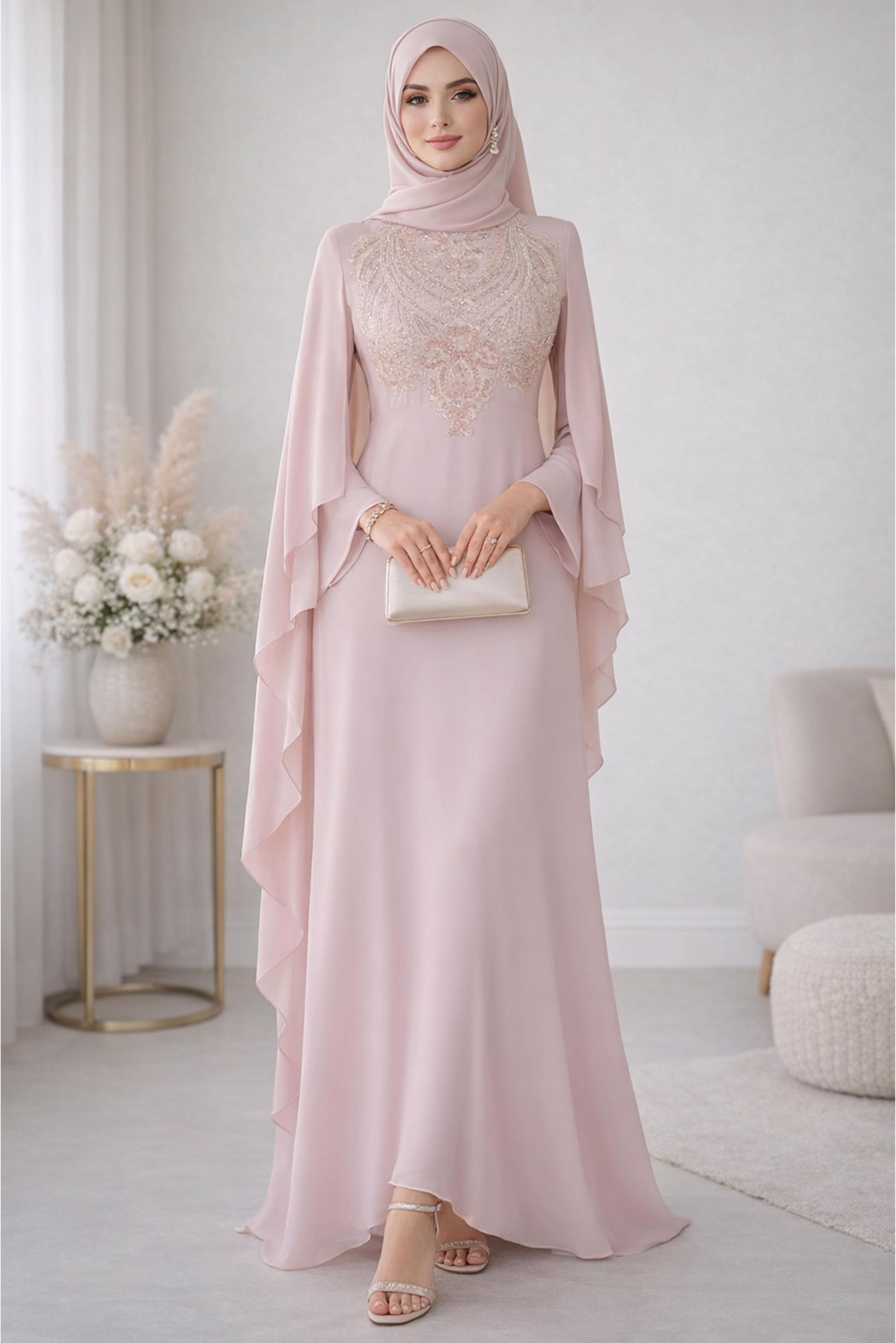 Tesettür giyim PUDRA PELERİNLİ ŞİFON ABİYE ELBİSE 5515