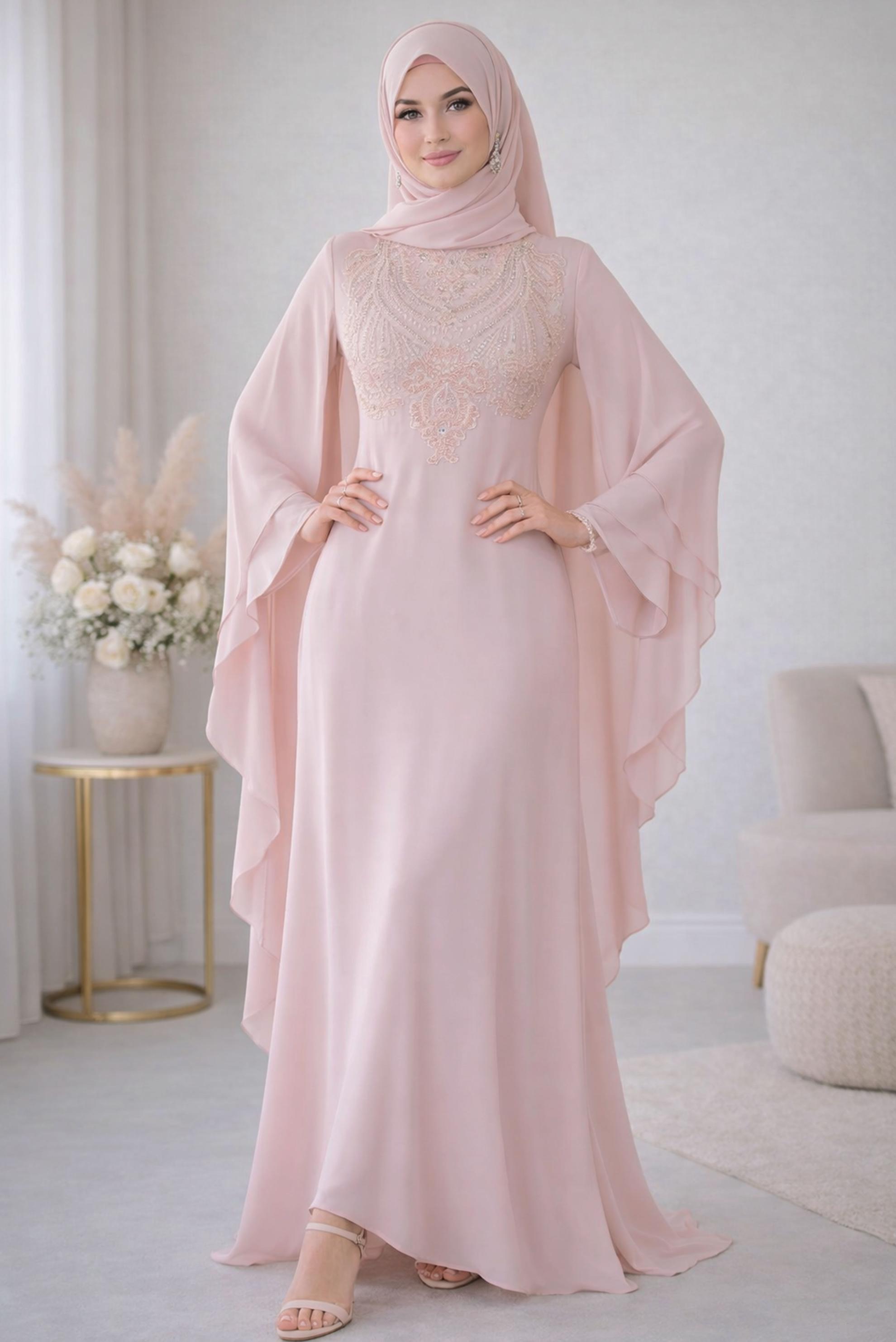 Tesettür giyim PUDRA PELERİNLİ ŞİFON ABİYE ELBİSE 5515