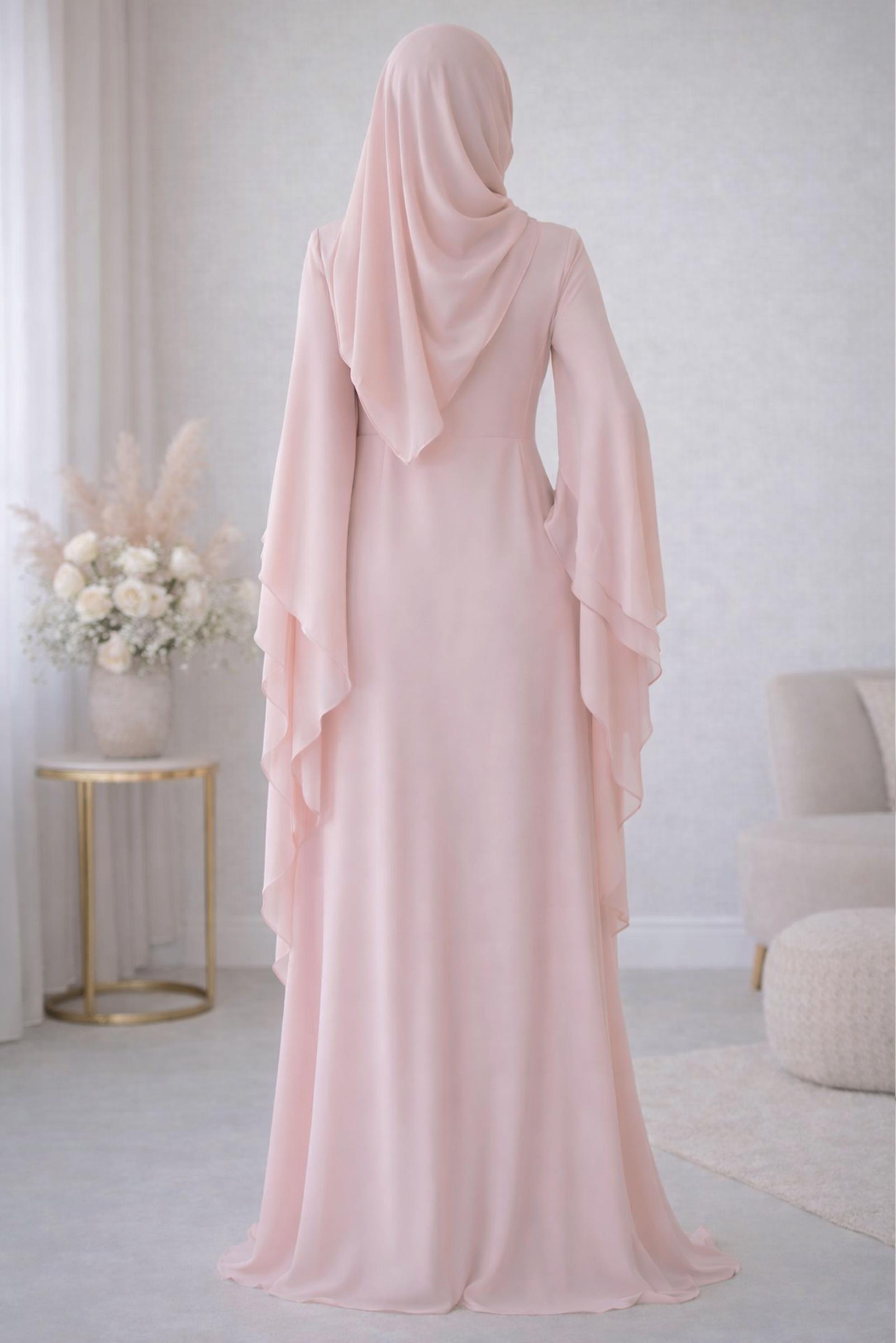 Tesettür giyim PUDRA PELERİNLİ ŞİFON ABİYE ELBİSE 5515