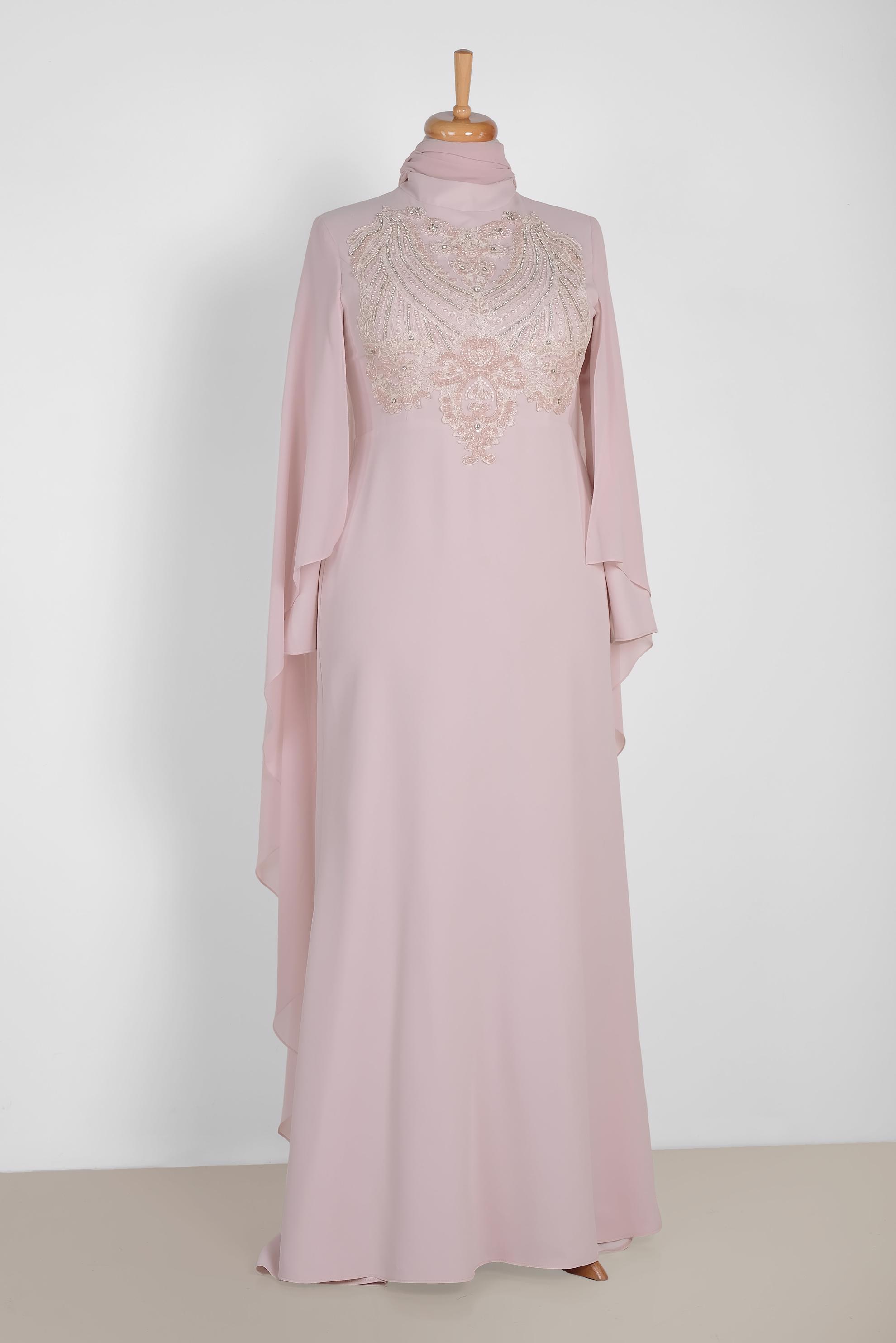Tesettür giyim PUDRA PELERİNLİ ŞİFON ABİYE ELBİSE 5515