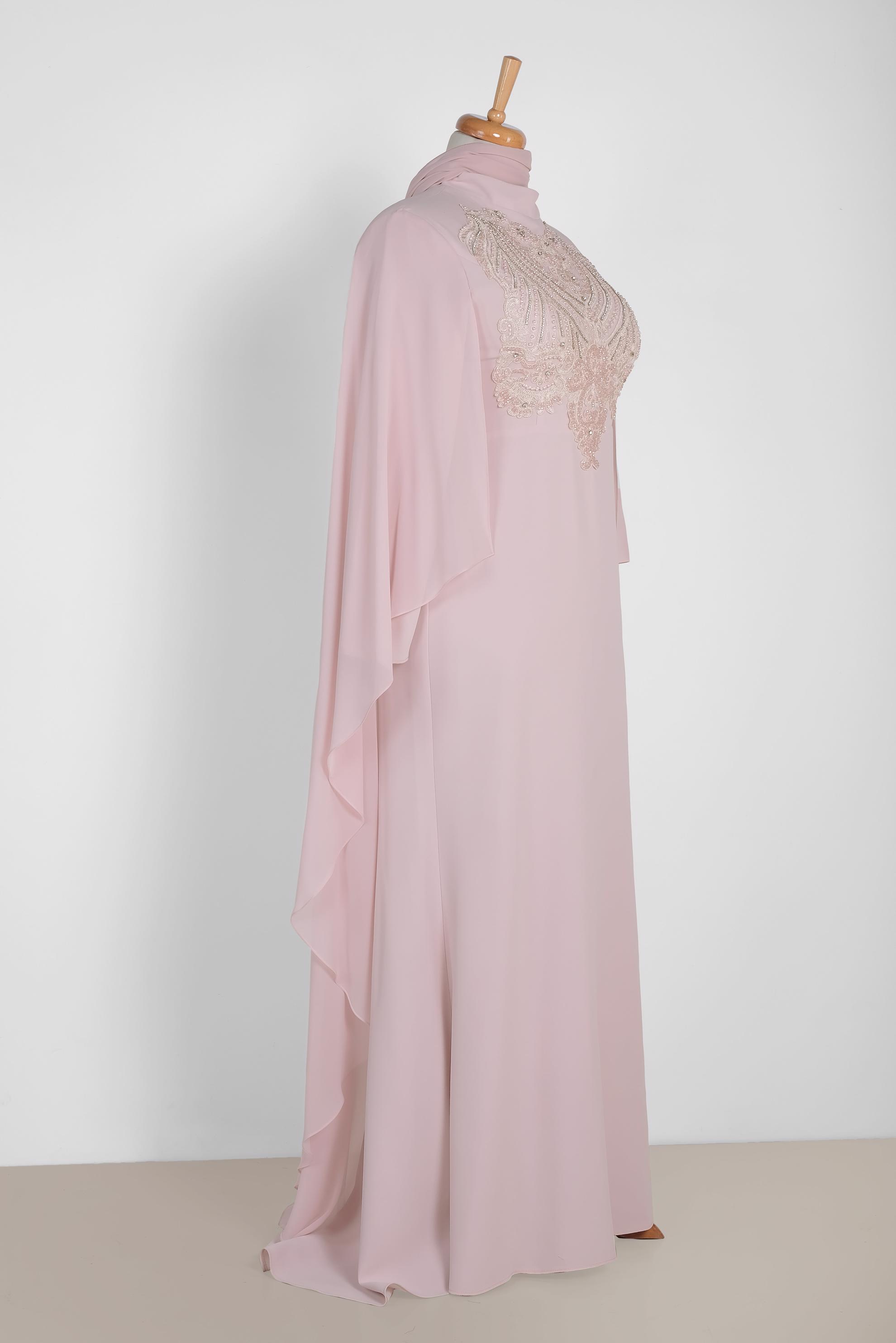 Tesettür giyim PUDRA PELERİNLİ ŞİFON ABİYE ELBİSE 5515