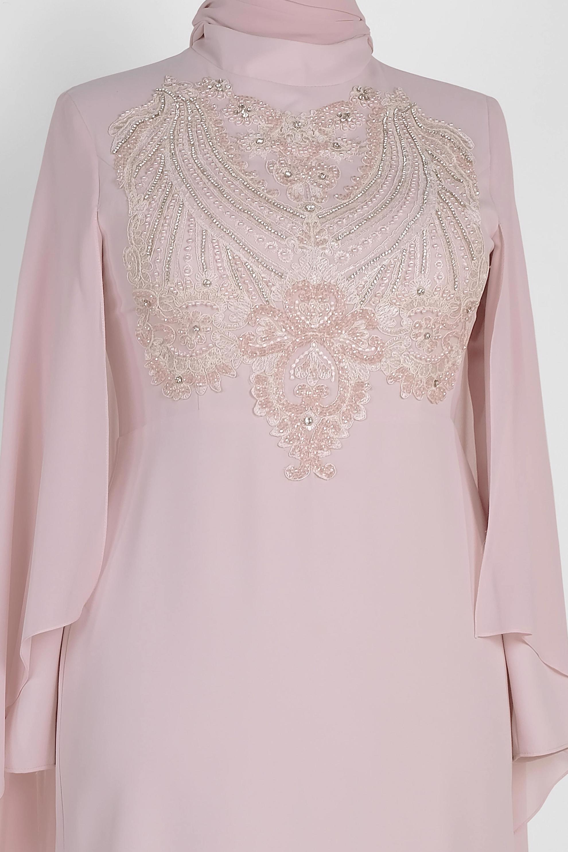 Tesettür giyim PUDRA PELERİNLİ ŞİFON ABİYE ELBİSE 5515