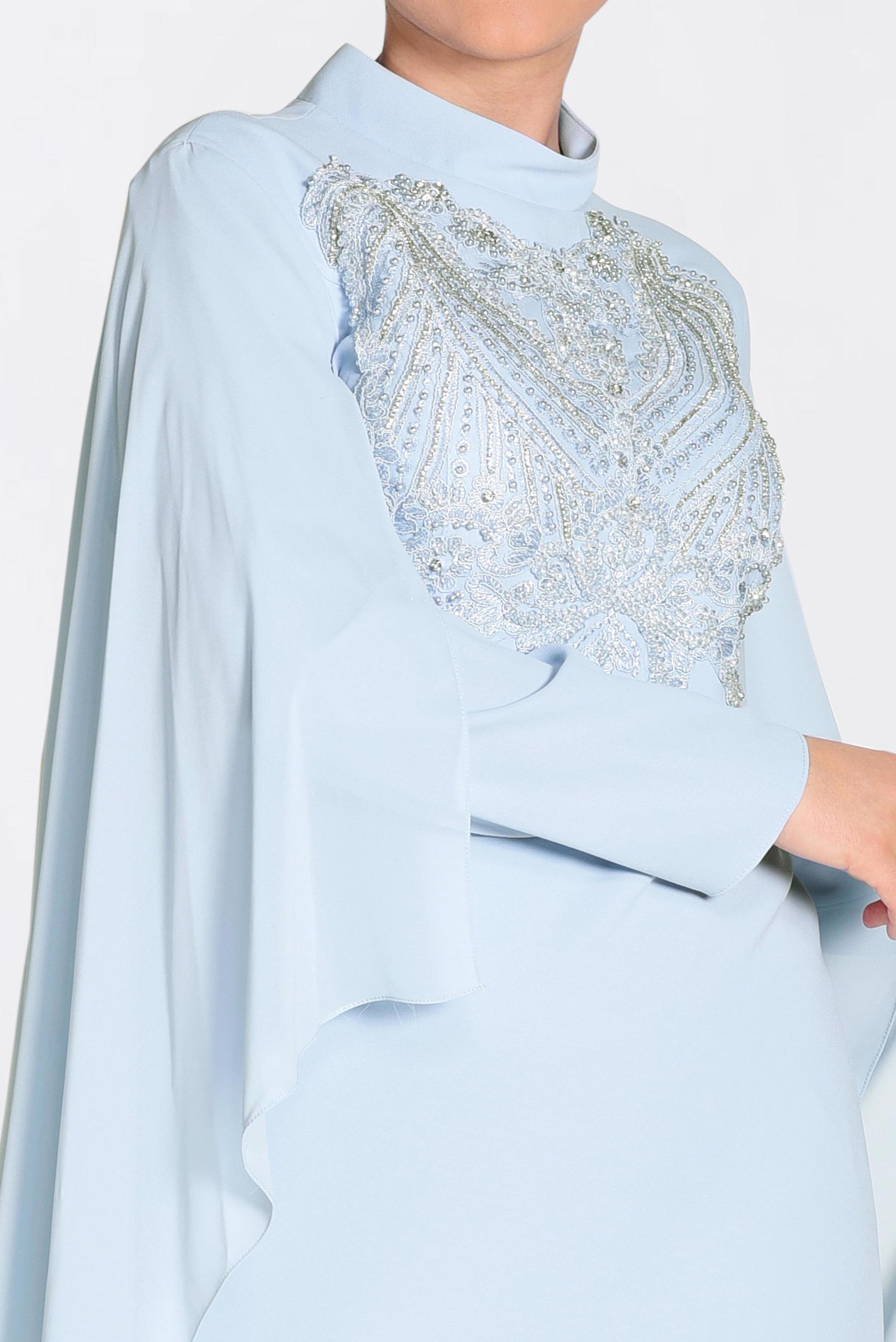 Tesettür giyim MAVİ PELERİNLİ ŞİFON ABİYE ELBİSE 5515