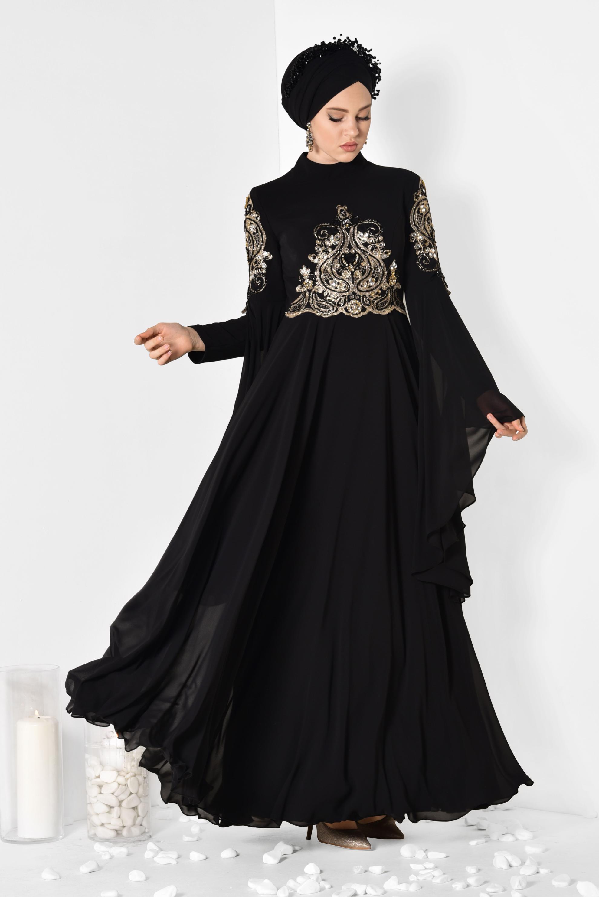 Tesettür giyim SİYAH KOLLARI PELERİN ŞİFON ABİYE ELBİSE 5516 