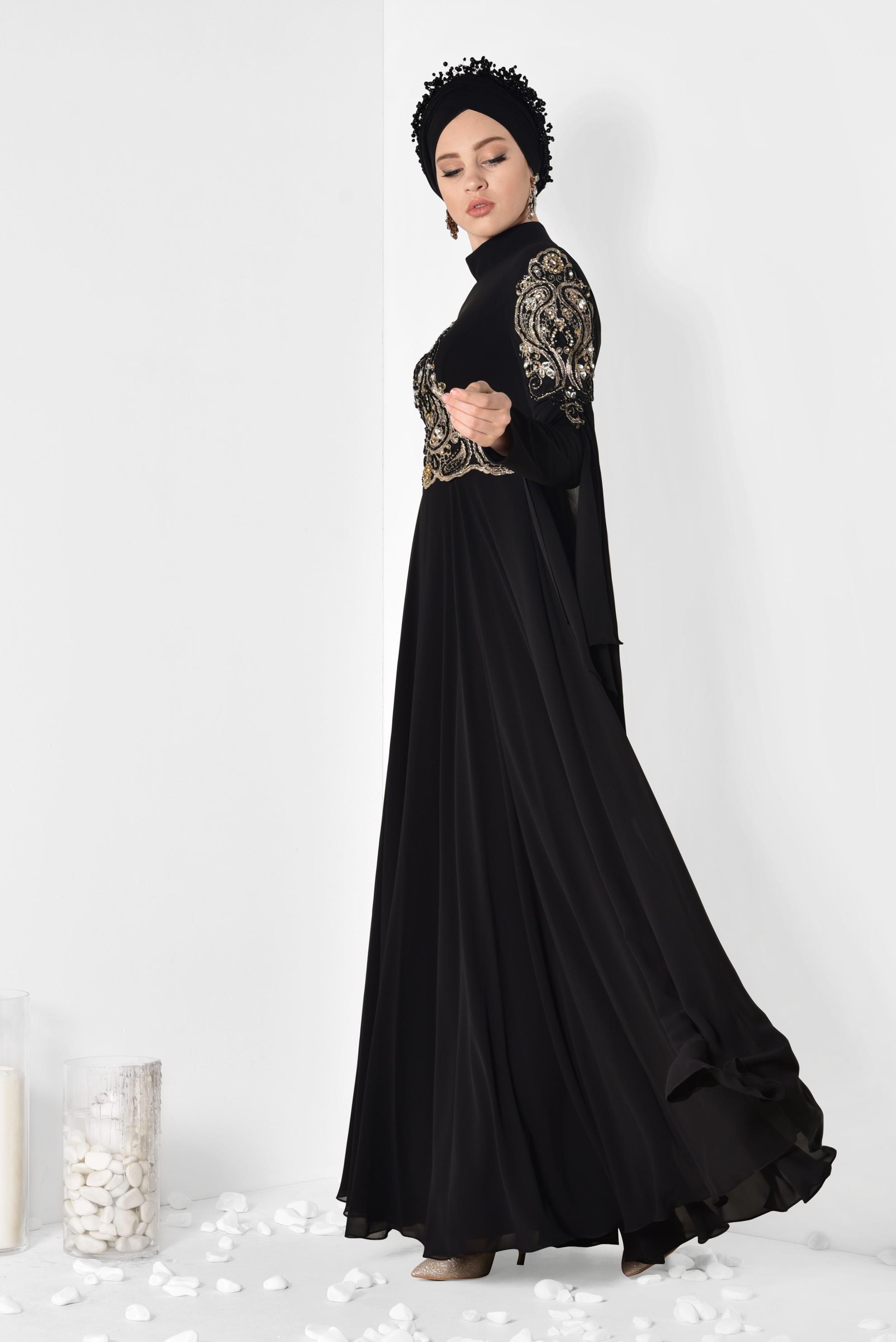 Tesettür giyim SİYAH KOLLARI PELERİN ŞİFON ABİYE ELBİSE 5516 