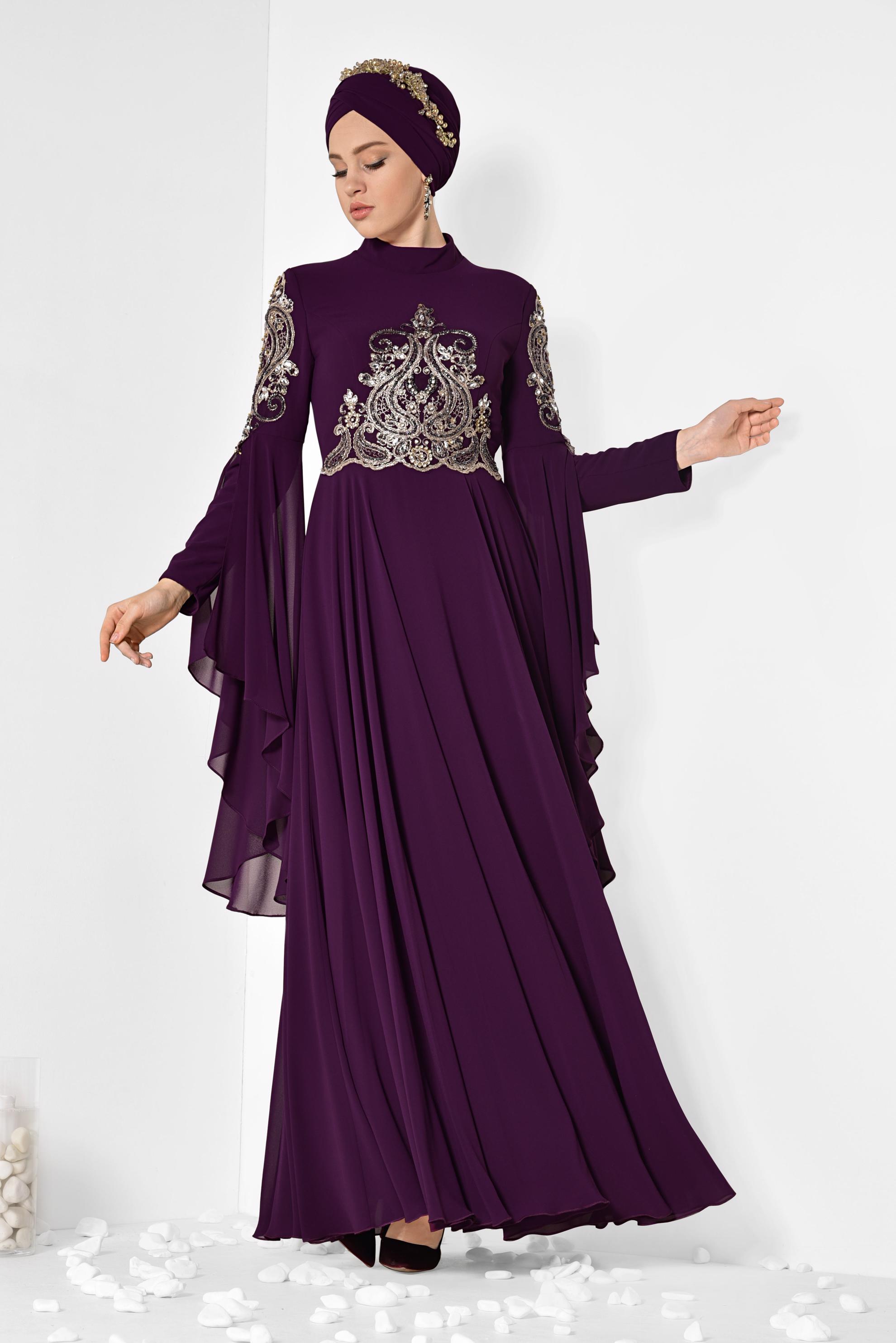Tesettür giyim MOR KOLLARI PELERİN ŞİFON ABİYE ELBİSE 5516 