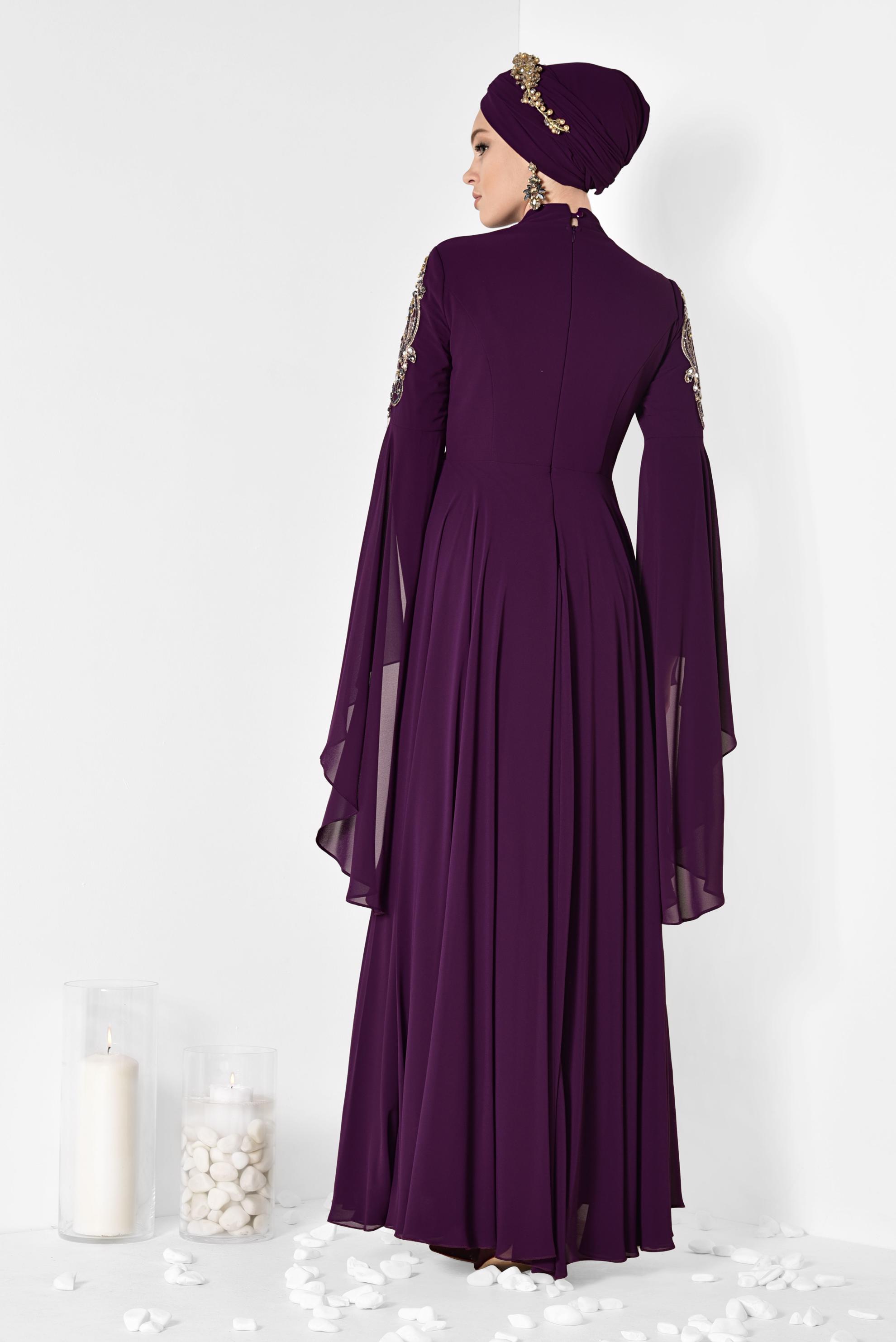 Tesettür giyim MOR KOLLARI PELERİN ŞİFON ABİYE ELBİSE 5516 