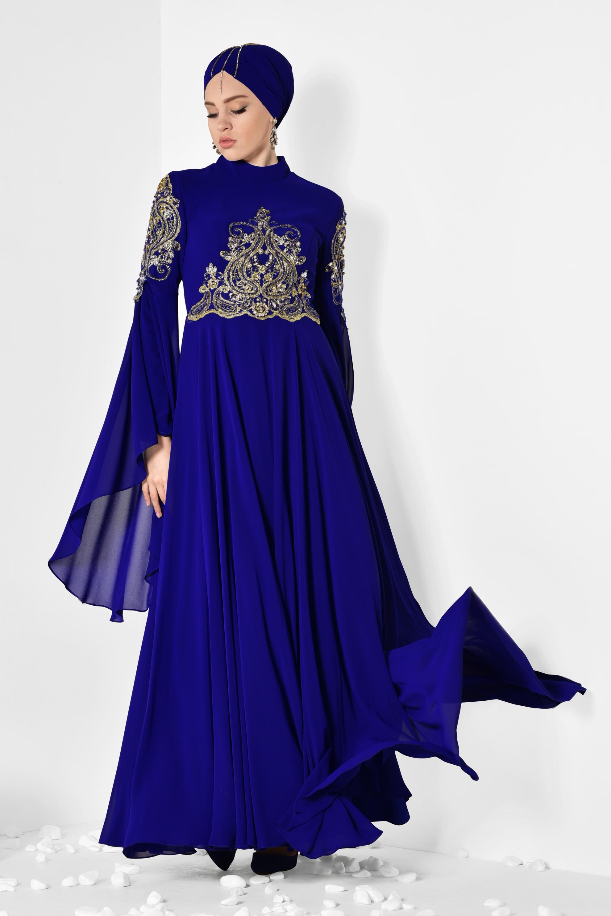 Tesettür giyim LACİVERT KOLLARI PELERİN ŞİFON ABİYE ELBİSE 5516 