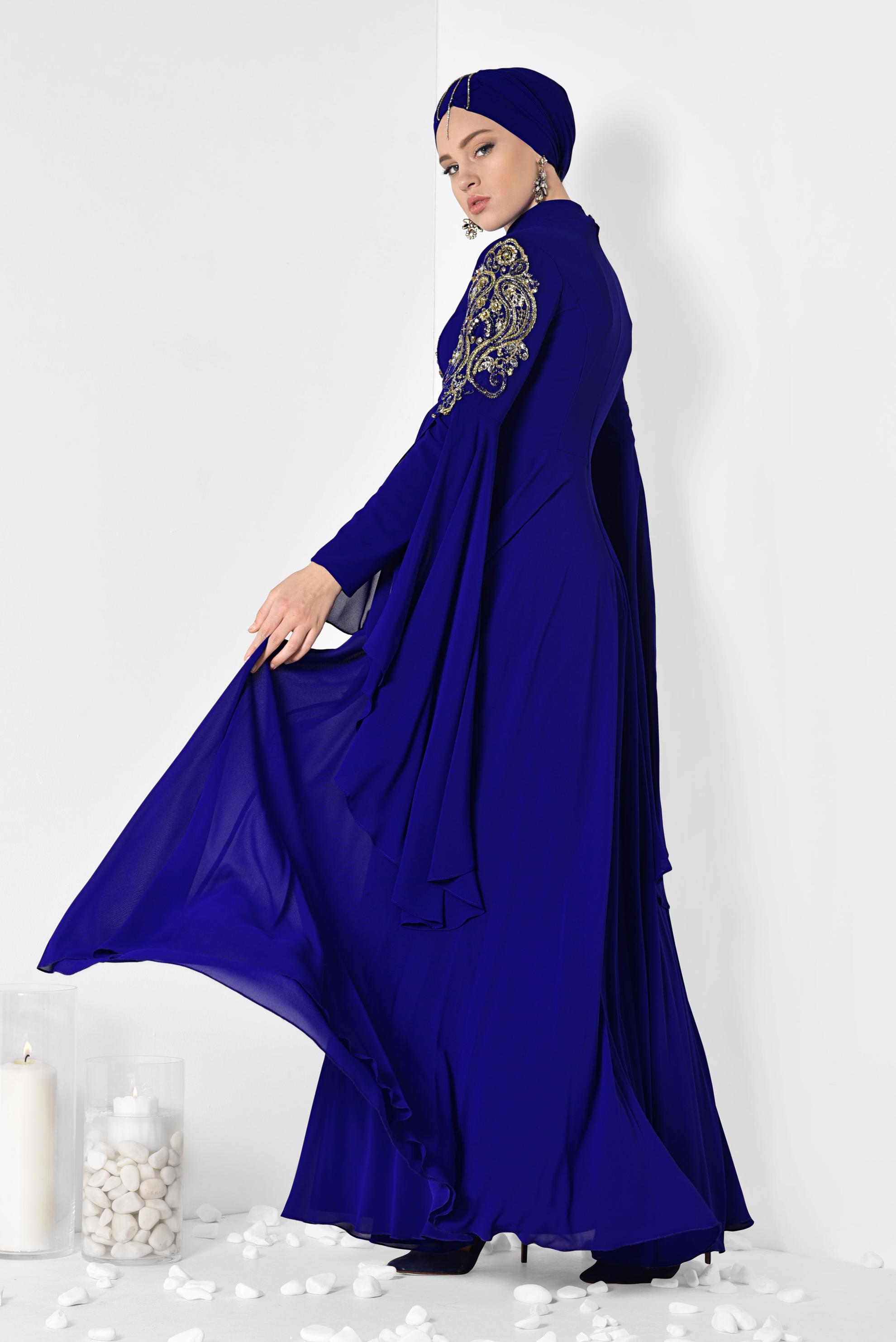Tesettür giyim LACİVERT KOLLARI PELERİN ŞİFON ABİYE ELBİSE 5516 