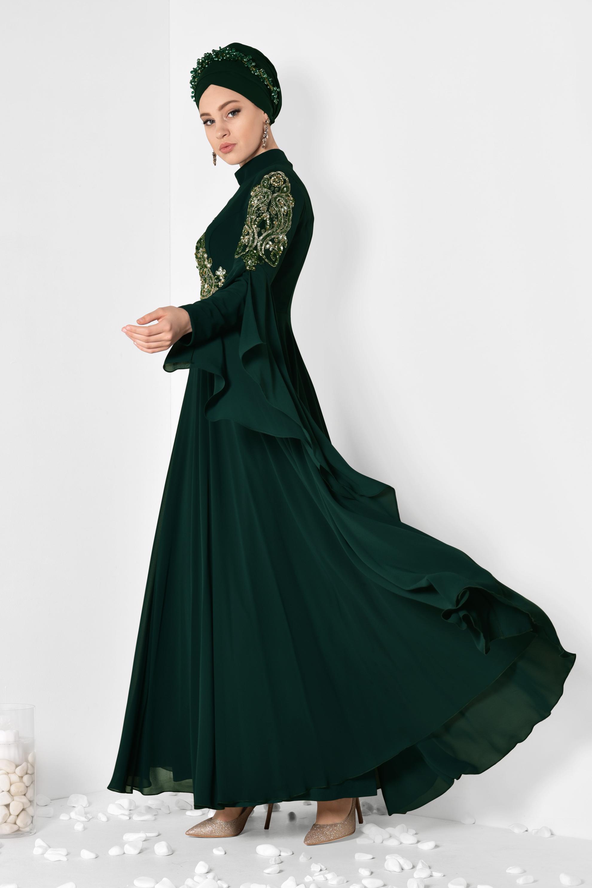 Tesettür giyim YEŞİL KOLLARI PELERİN ŞİFON ABİYE ELBİSE 5516 