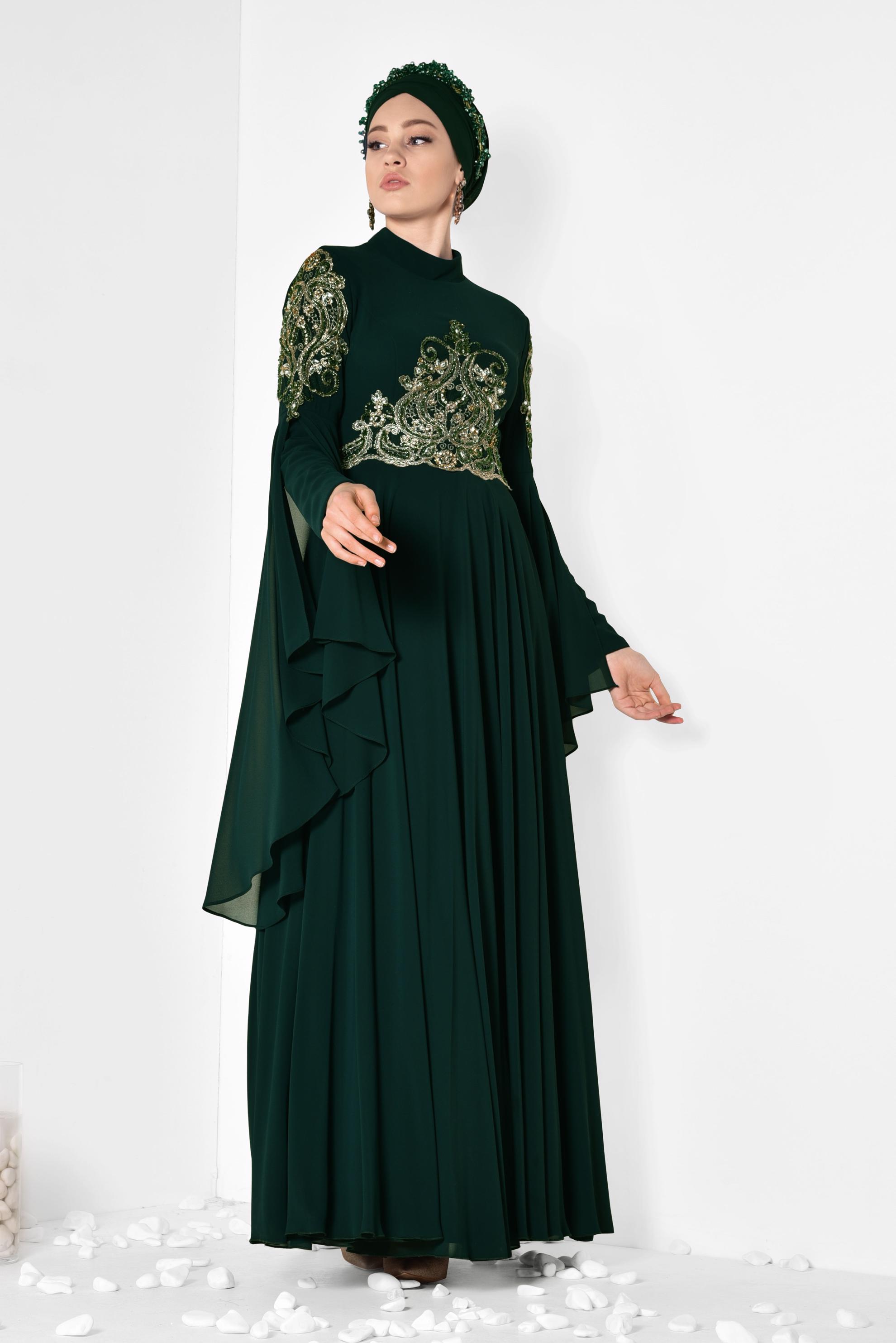 Tesettür giyim YEŞİL KOLLARI PELERİN ŞİFON ABİYE ELBİSE 5516 