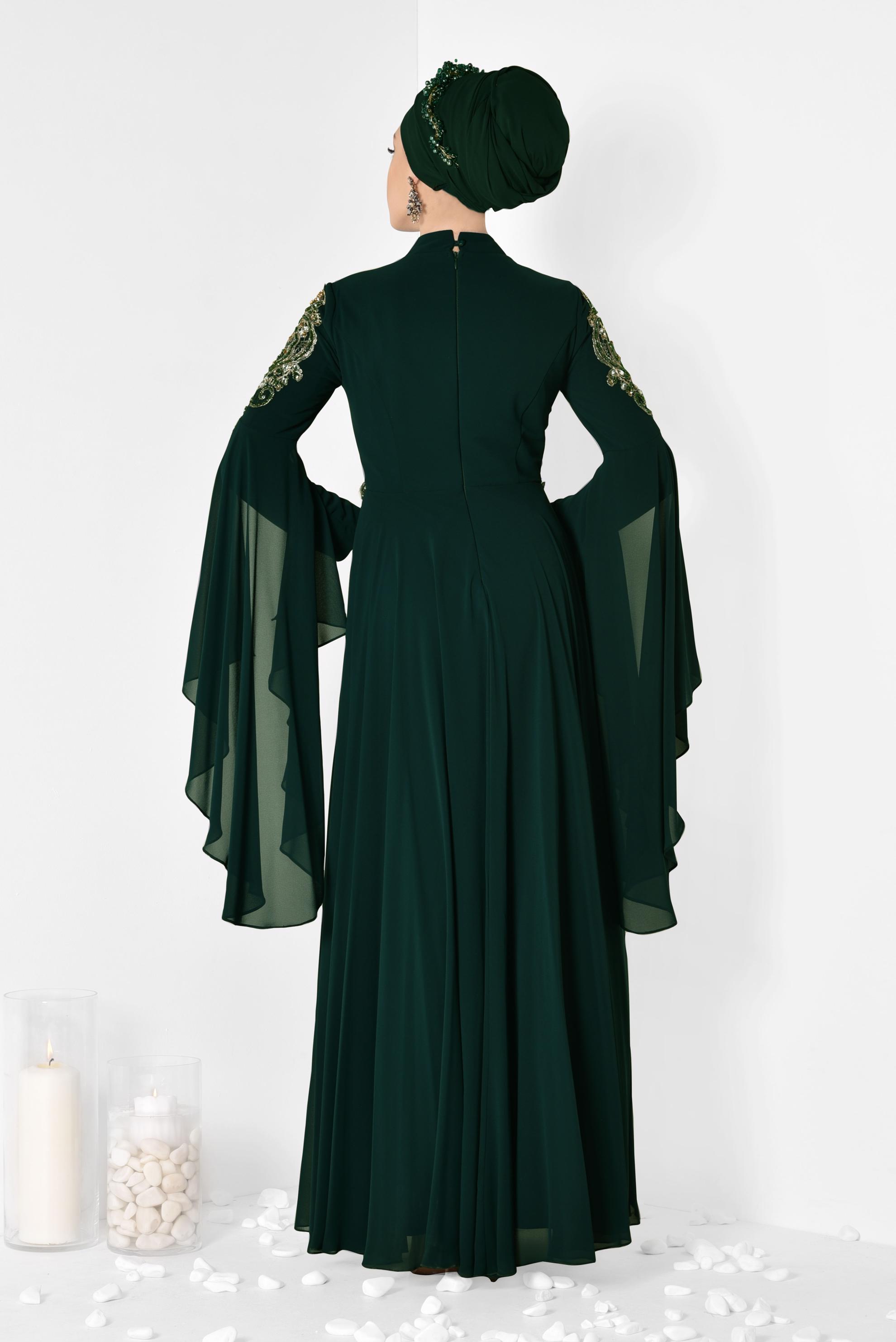 Tesettür giyim YEŞİL KOLLARI PELERİN ŞİFON ABİYE ELBİSE 5516 