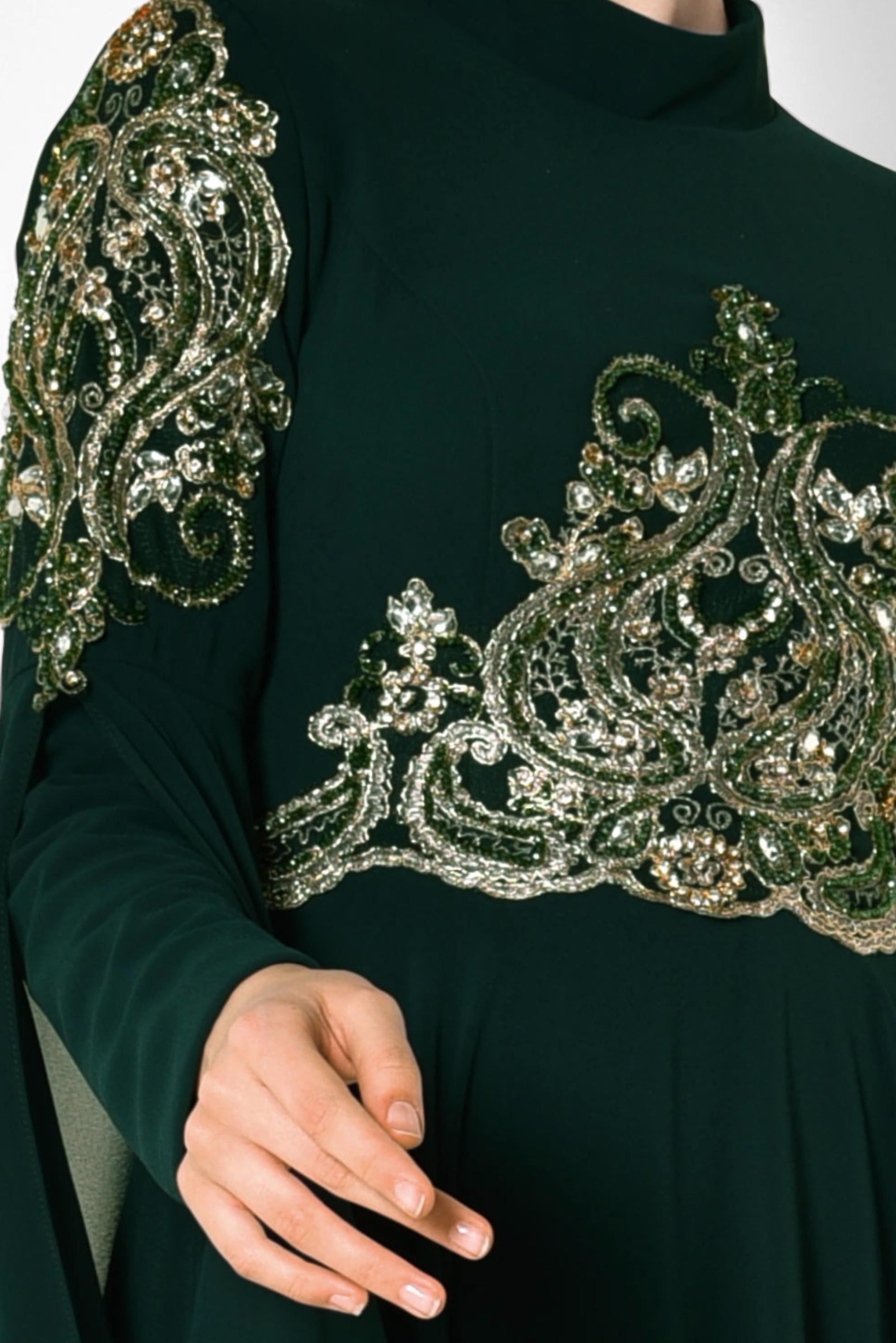 Tesettür giyim YEŞİL KOLLARI PELERİN ŞİFON ABİYE ELBİSE 5516 