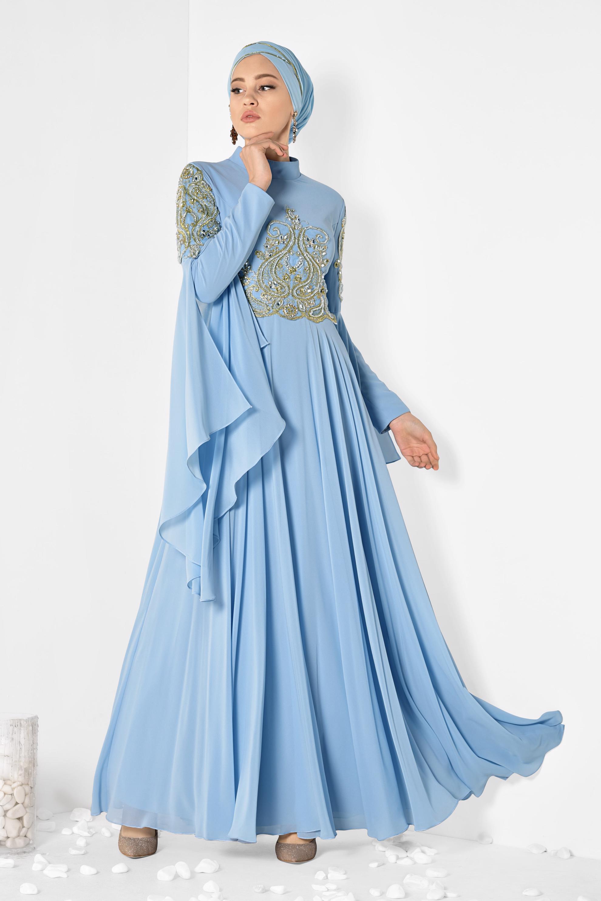 Tesettür giyim MAVİ KOLLARI PELERİN ŞİFON ABİYE ELBİSE 5516 