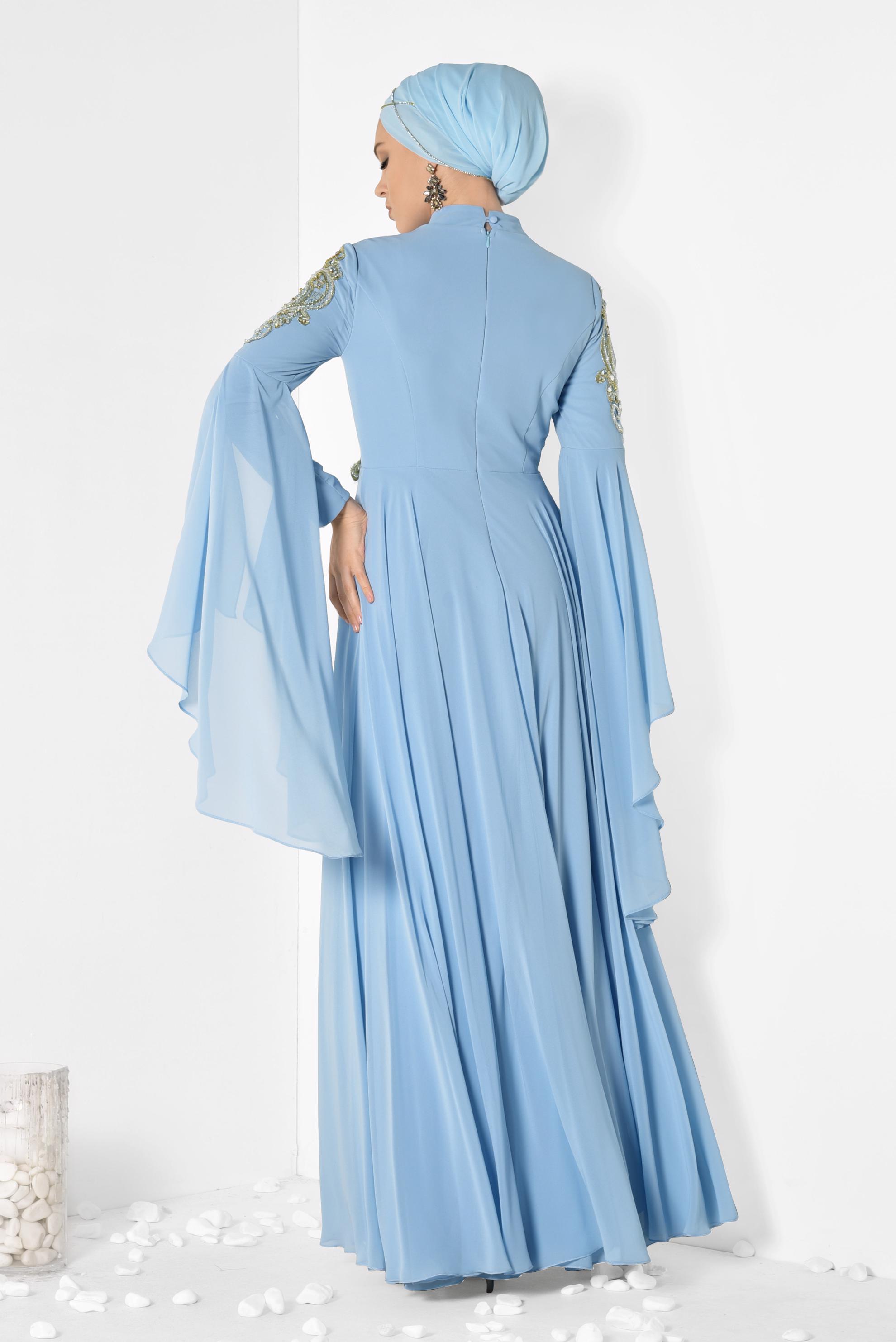 Tesettür giyim MAVİ KOLLARI PELERİN ŞİFON ABİYE ELBİSE 5516 