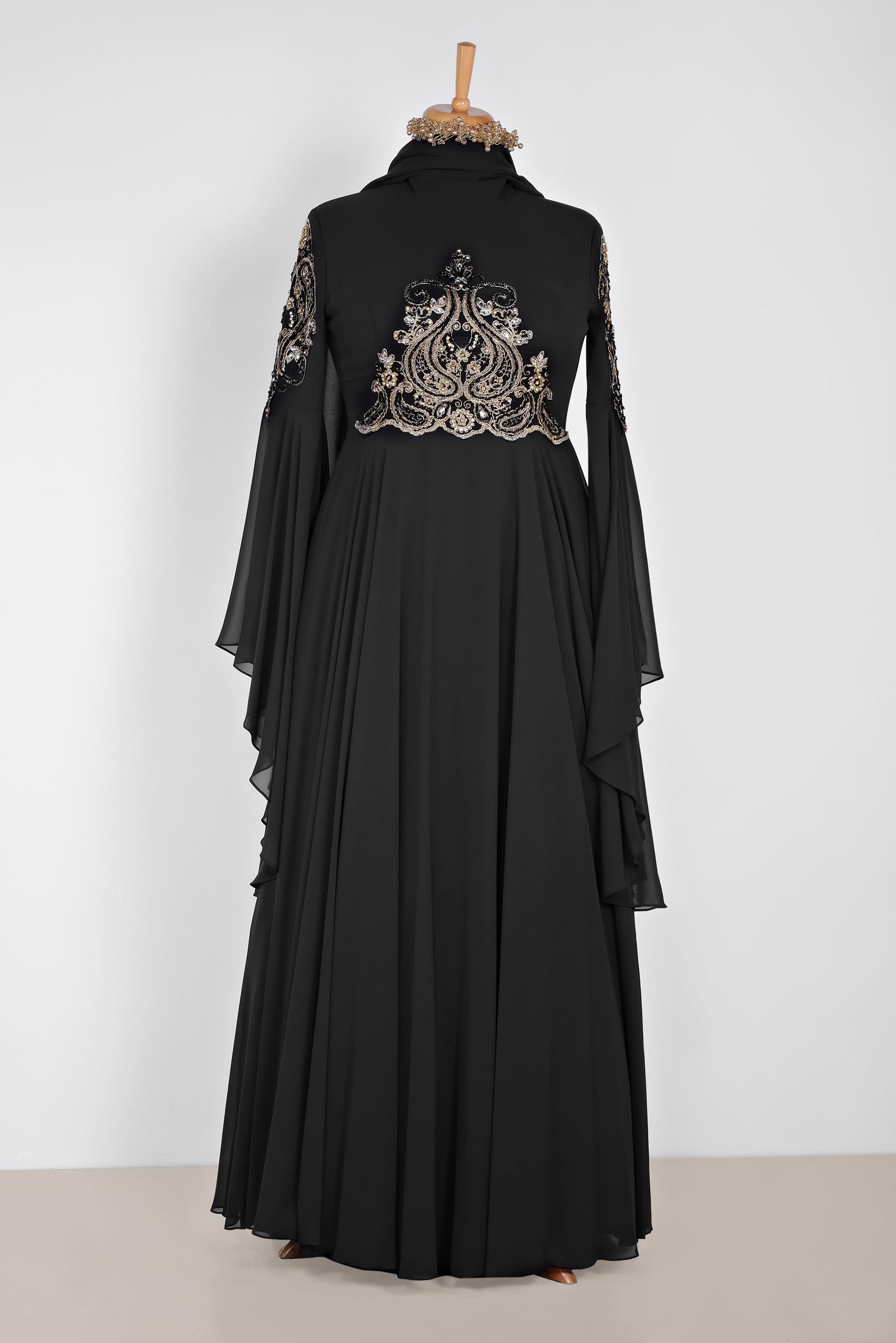 Tesettür giyim SİYAH SIRMA İŞLEMELİ VOLANLI MULTİ ŞİFON ABİYE 5517	