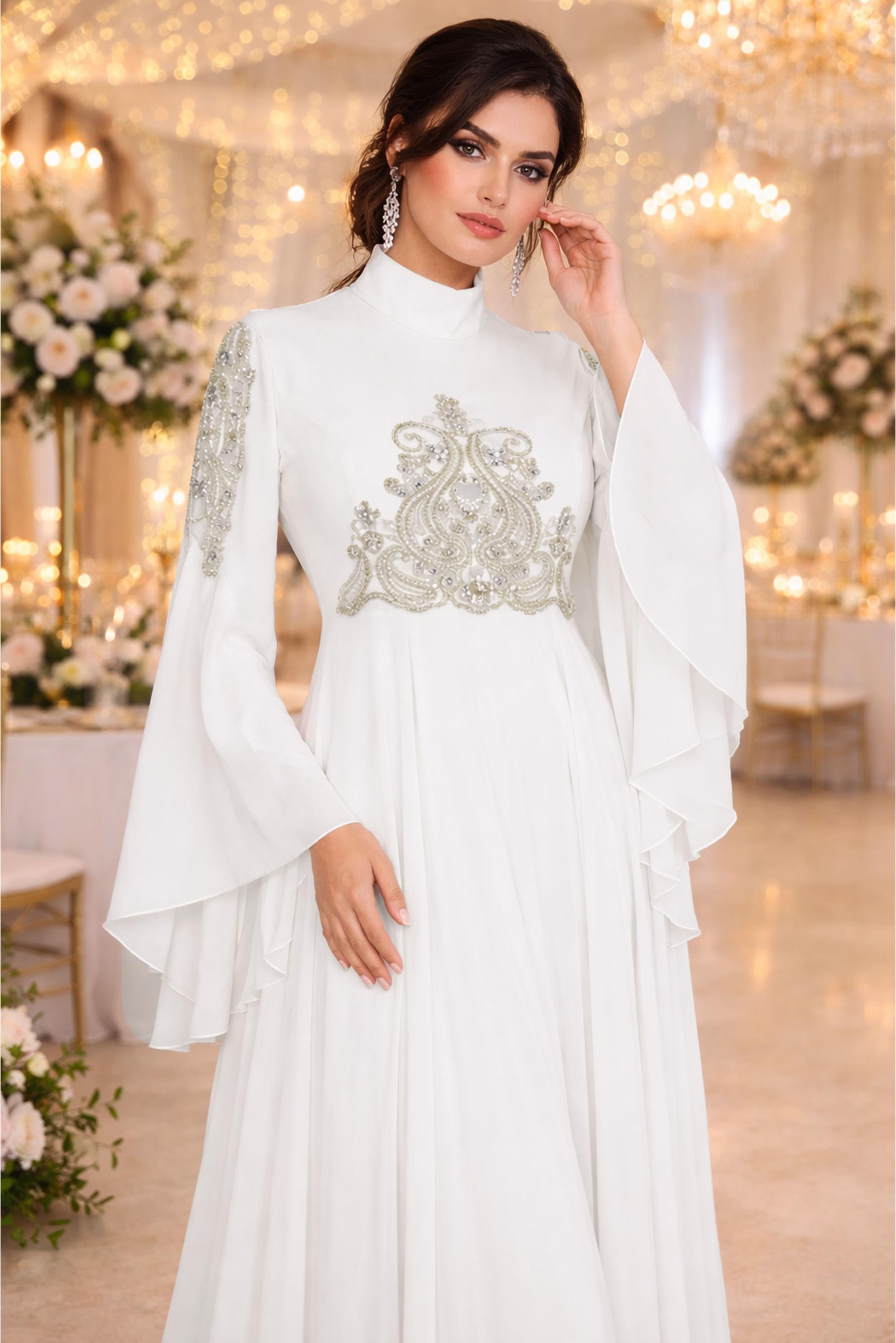 Tesettür giyim BEYAZ SIRMA İŞLEMELİ VOLANLI MULTİ ŞİFON ABİYE 5517	