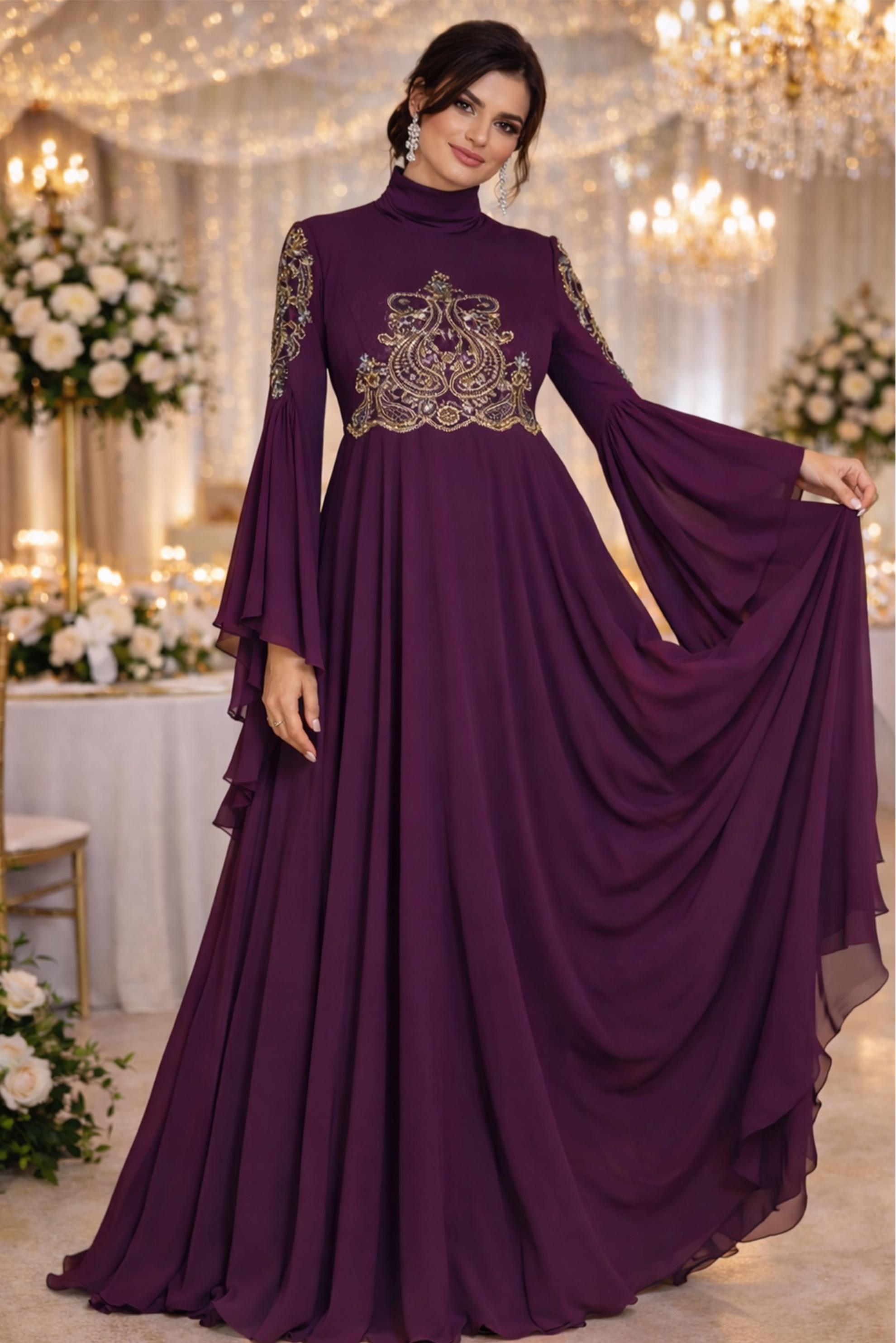 Tesettür giyim MOR SIRMA İŞLEMELİ VOLANLI MULTİ ŞİFON ABİYE 5517	