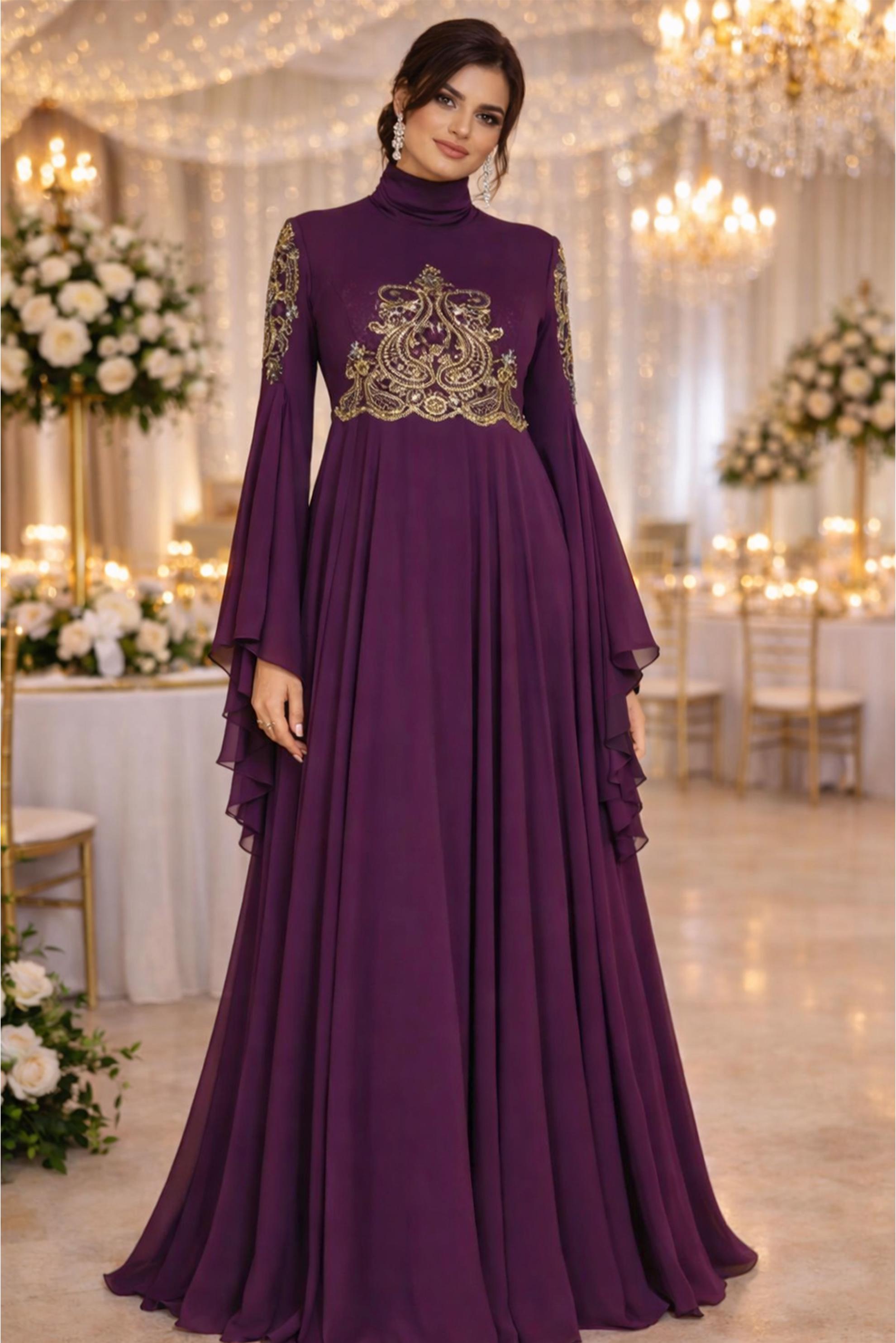 Tesettür giyim MOR SIRMA İŞLEMELİ VOLANLI MULTİ ŞİFON ABİYE 5517	