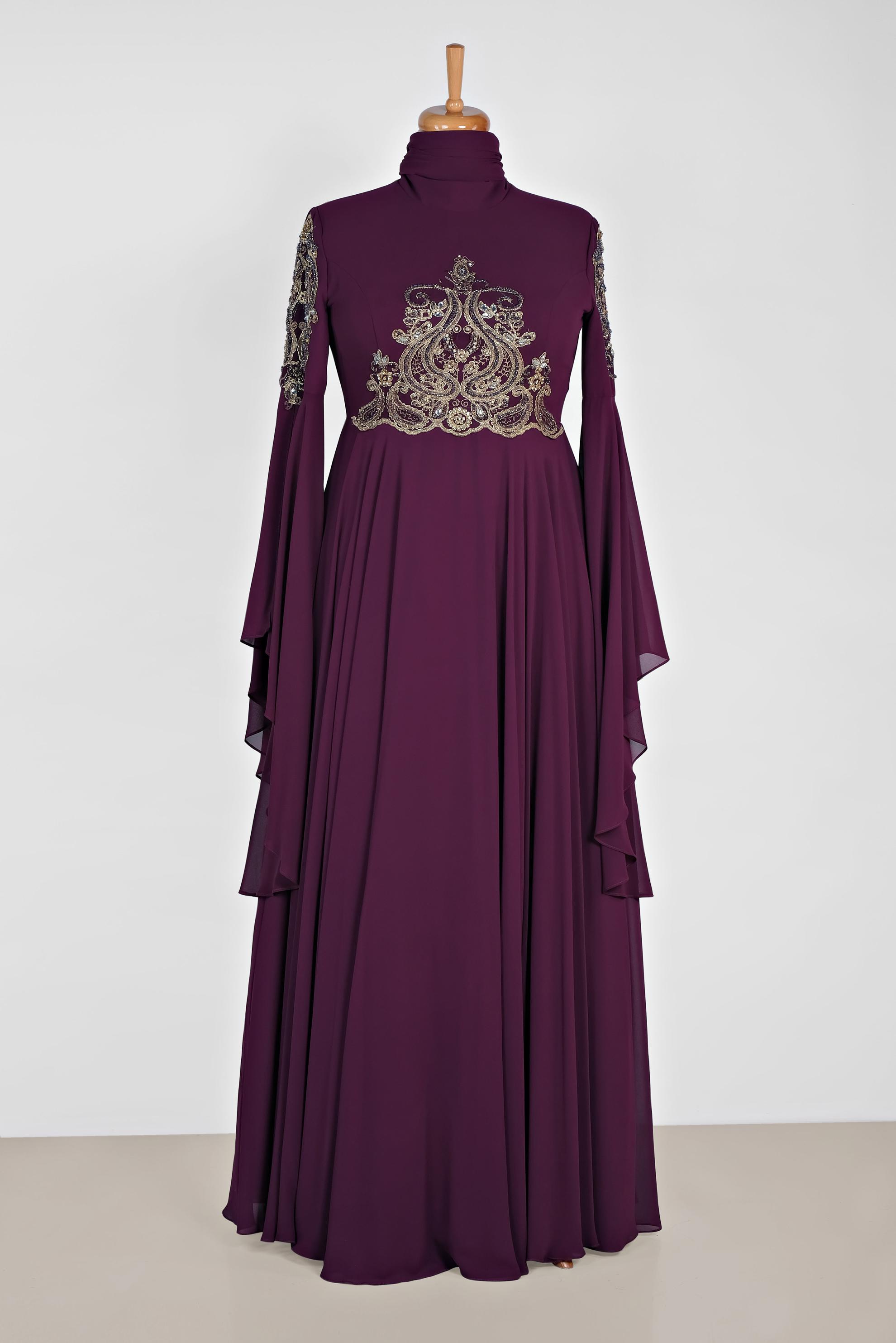 Tesettür giyim MOR SIRMA İŞLEMELİ VOLANLI MULTİ ŞİFON ABİYE 5517	