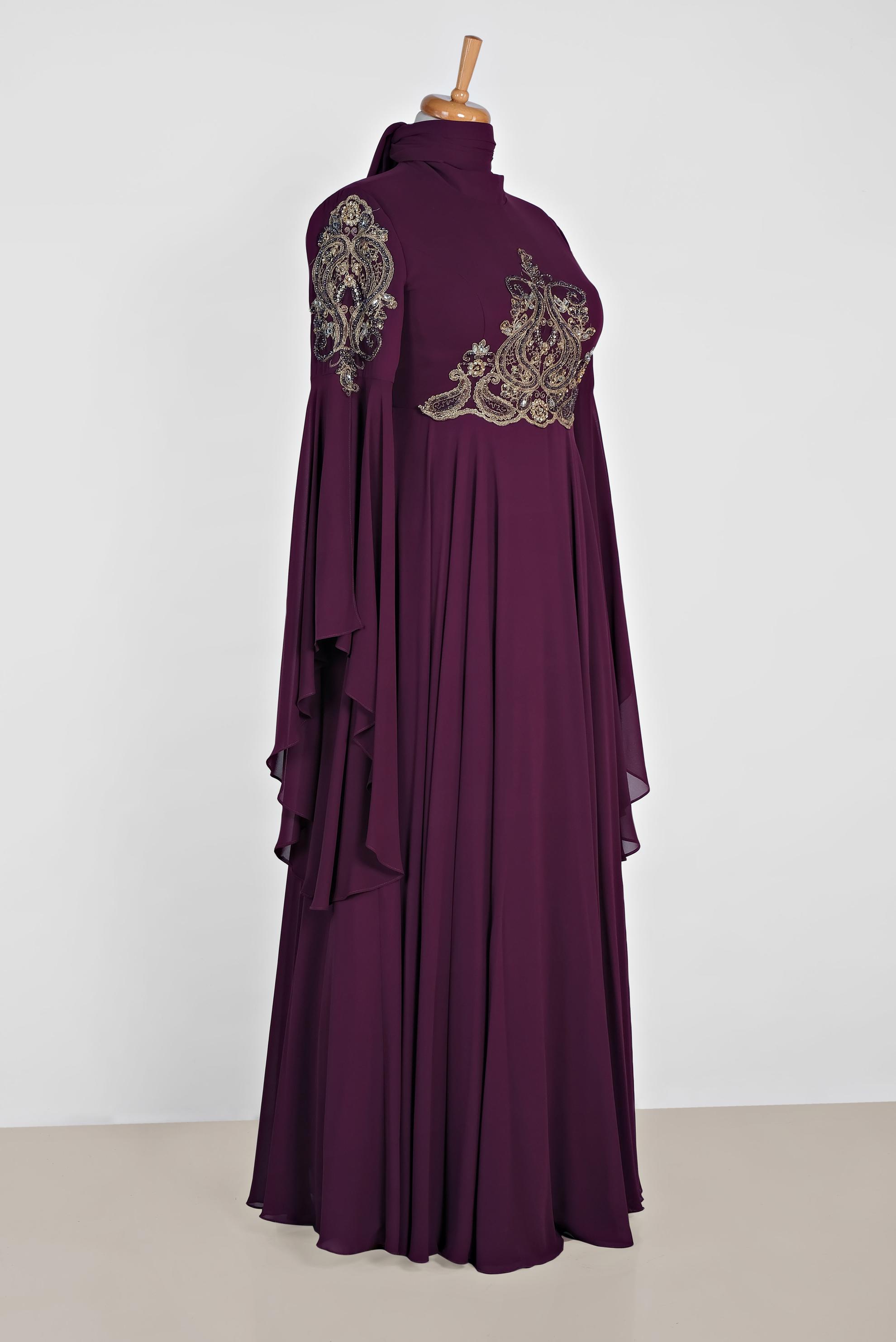 Tesettür giyim MOR SIRMA İŞLEMELİ VOLANLI MULTİ ŞİFON ABİYE 5517	