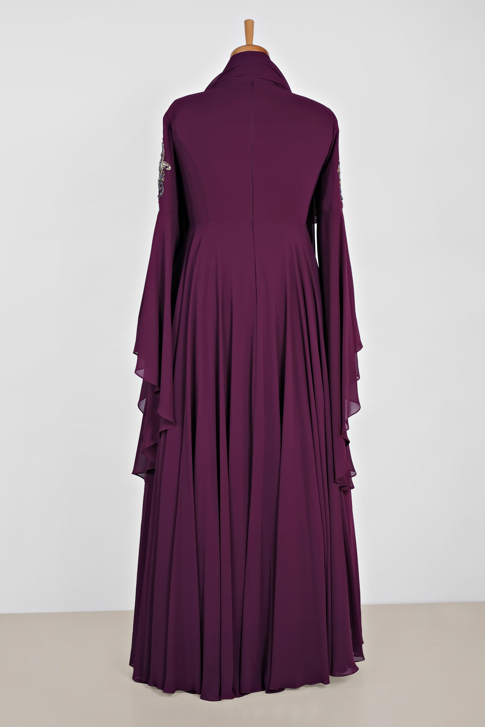 Tesettür giyim MOR SIRMA İŞLEMELİ VOLANLI MULTİ ŞİFON ABİYE 5517	