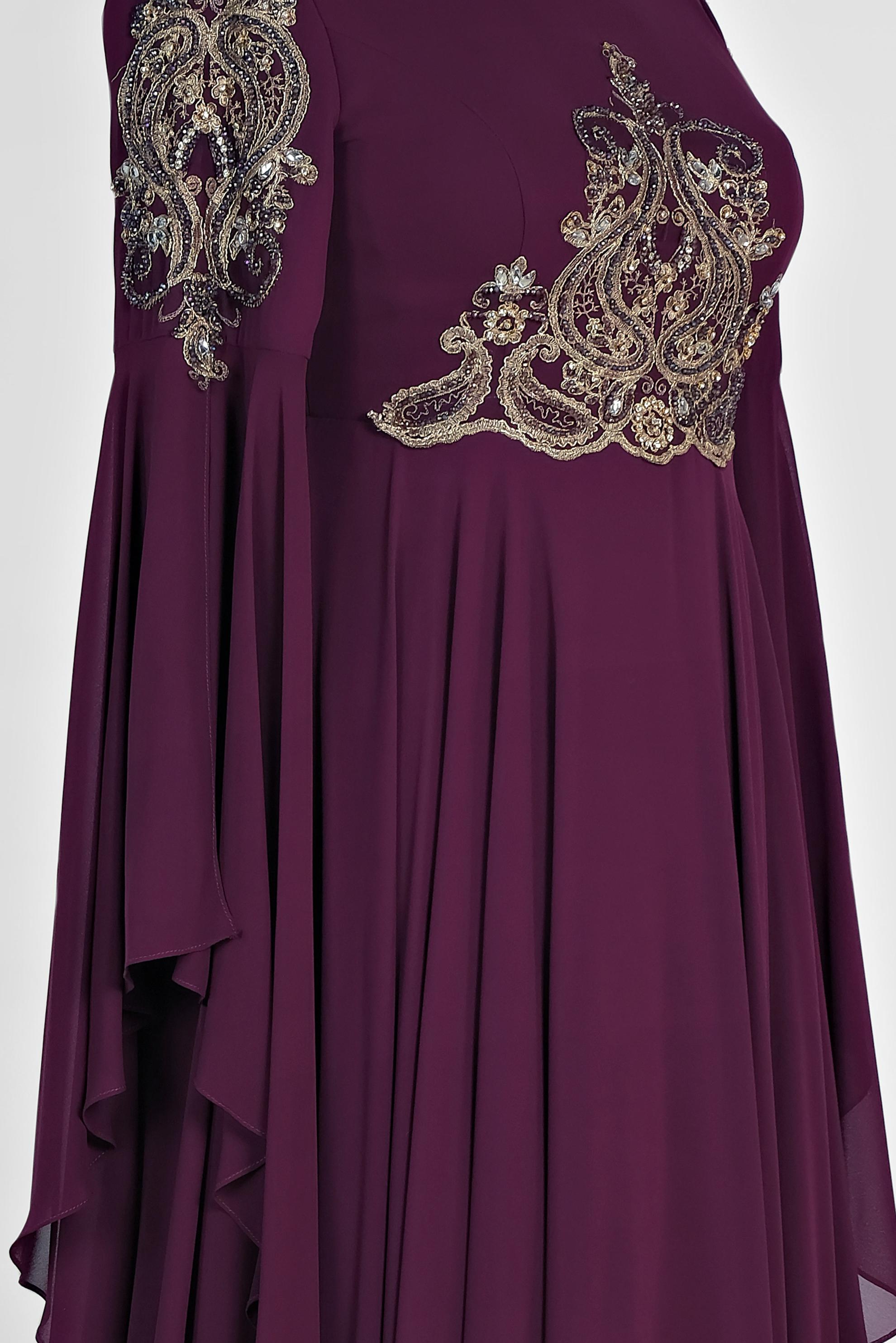 Tesettür giyim MOR SIRMA İŞLEMELİ VOLANLI MULTİ ŞİFON ABİYE 5517	