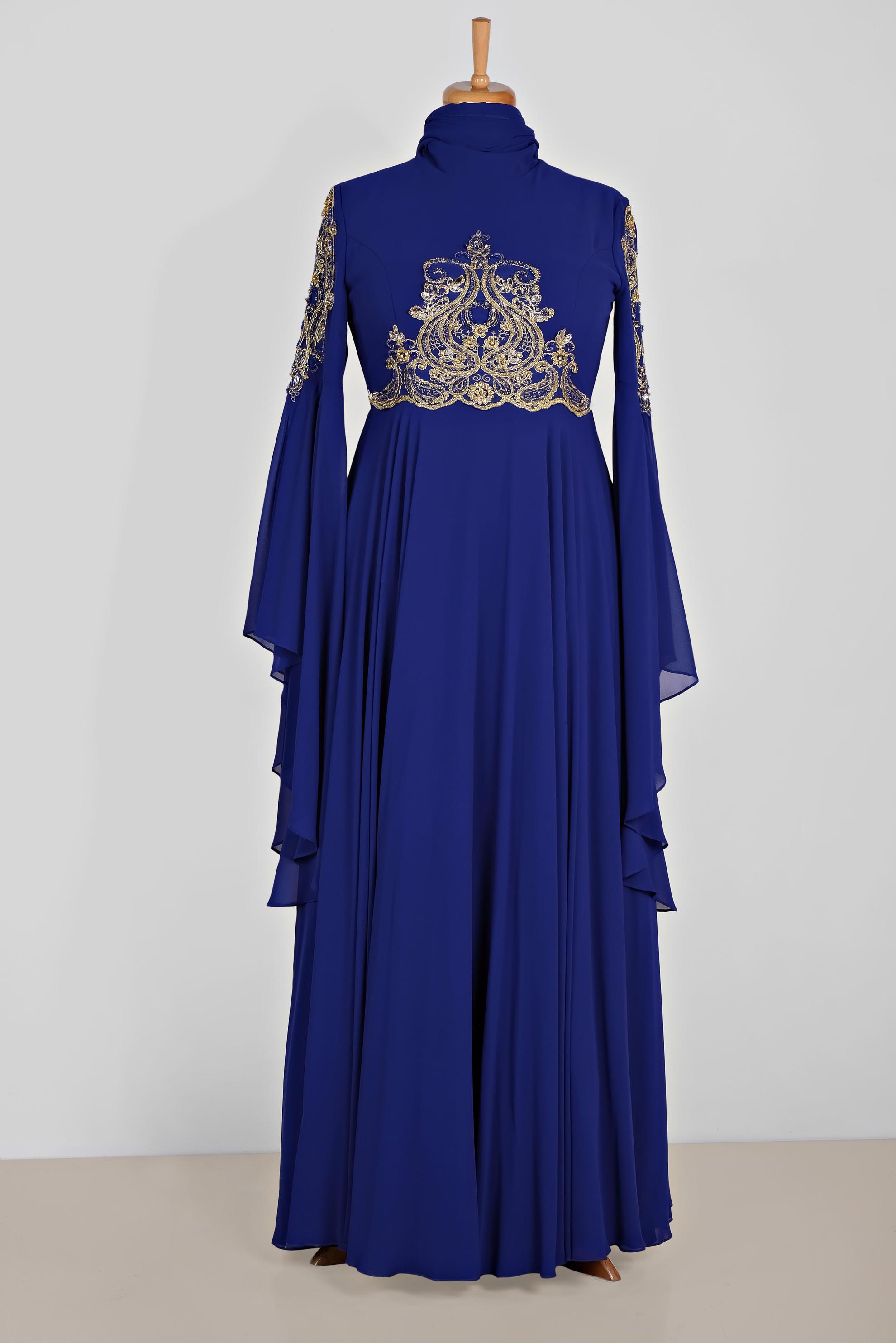 Tesettür giyim LACİVERT SIRMA İŞLEMELİ VOLANLI MULTİ ŞİFON ABİYE 5517	