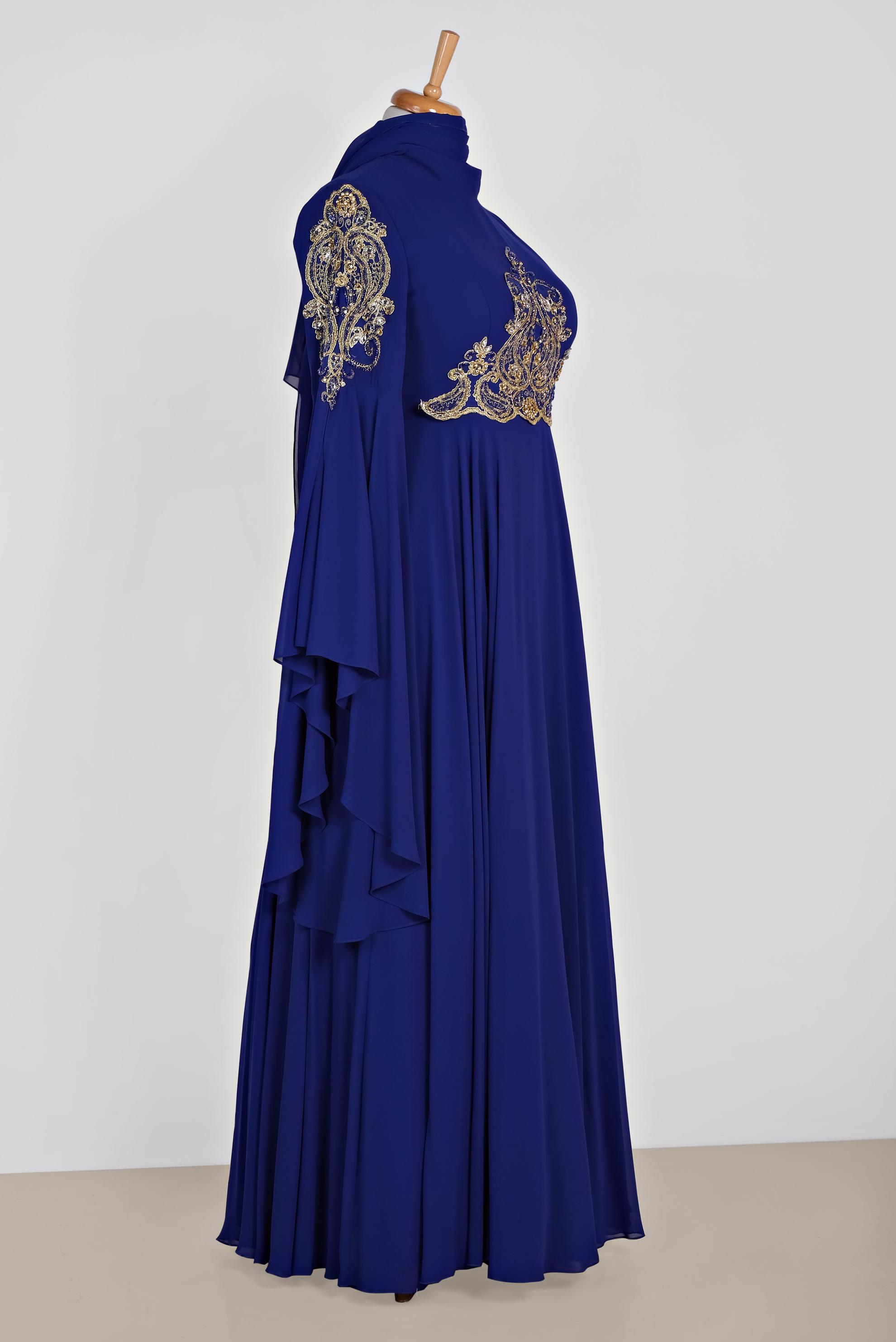 Tesettür giyim LACİVERT SIRMA İŞLEMELİ VOLANLI MULTİ ŞİFON ABİYE 5517	