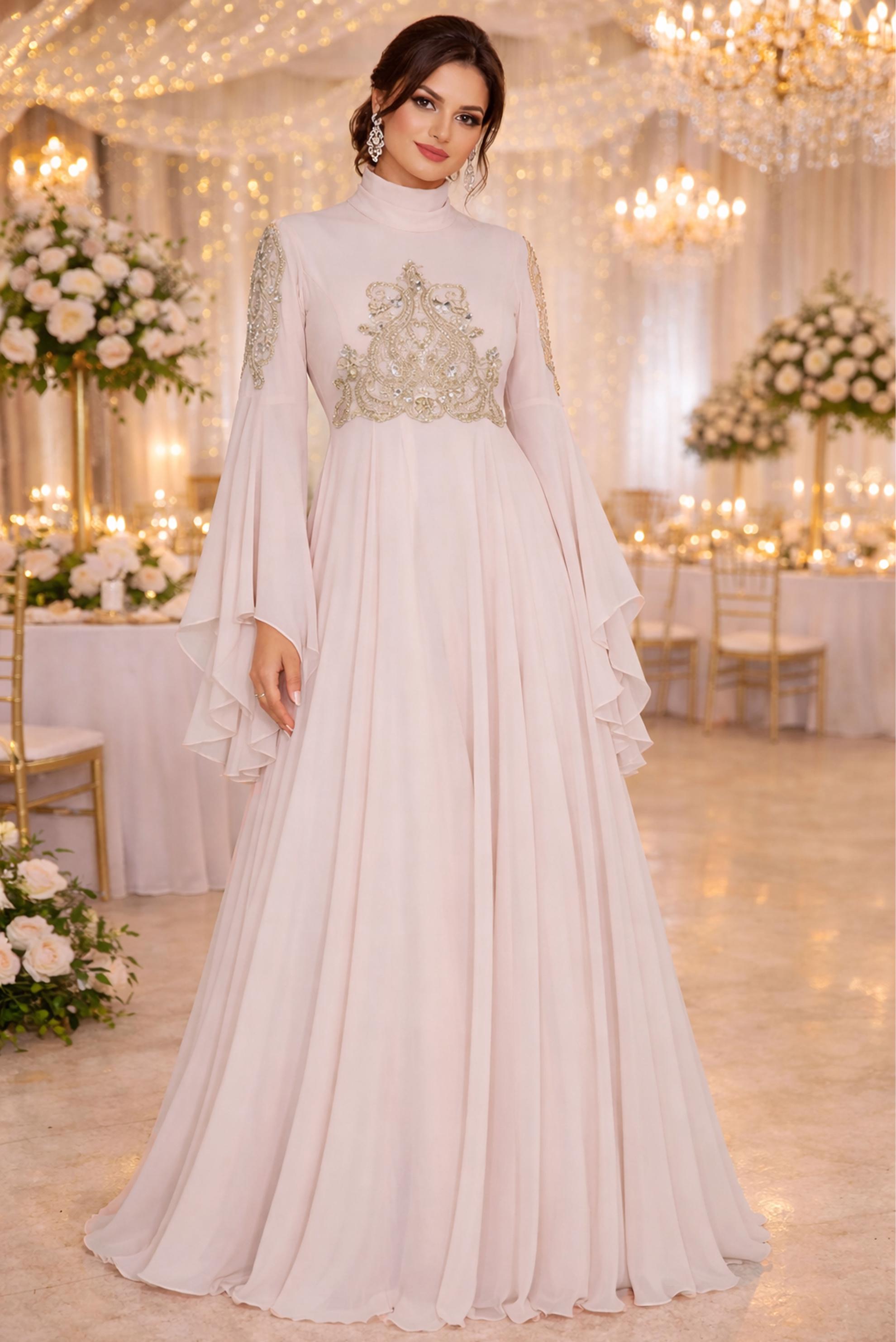 Tesettür giyim PUDRA SIRMA İŞLEMELİ VOLANLI MULTİ ŞİFON ABİYE 5517	