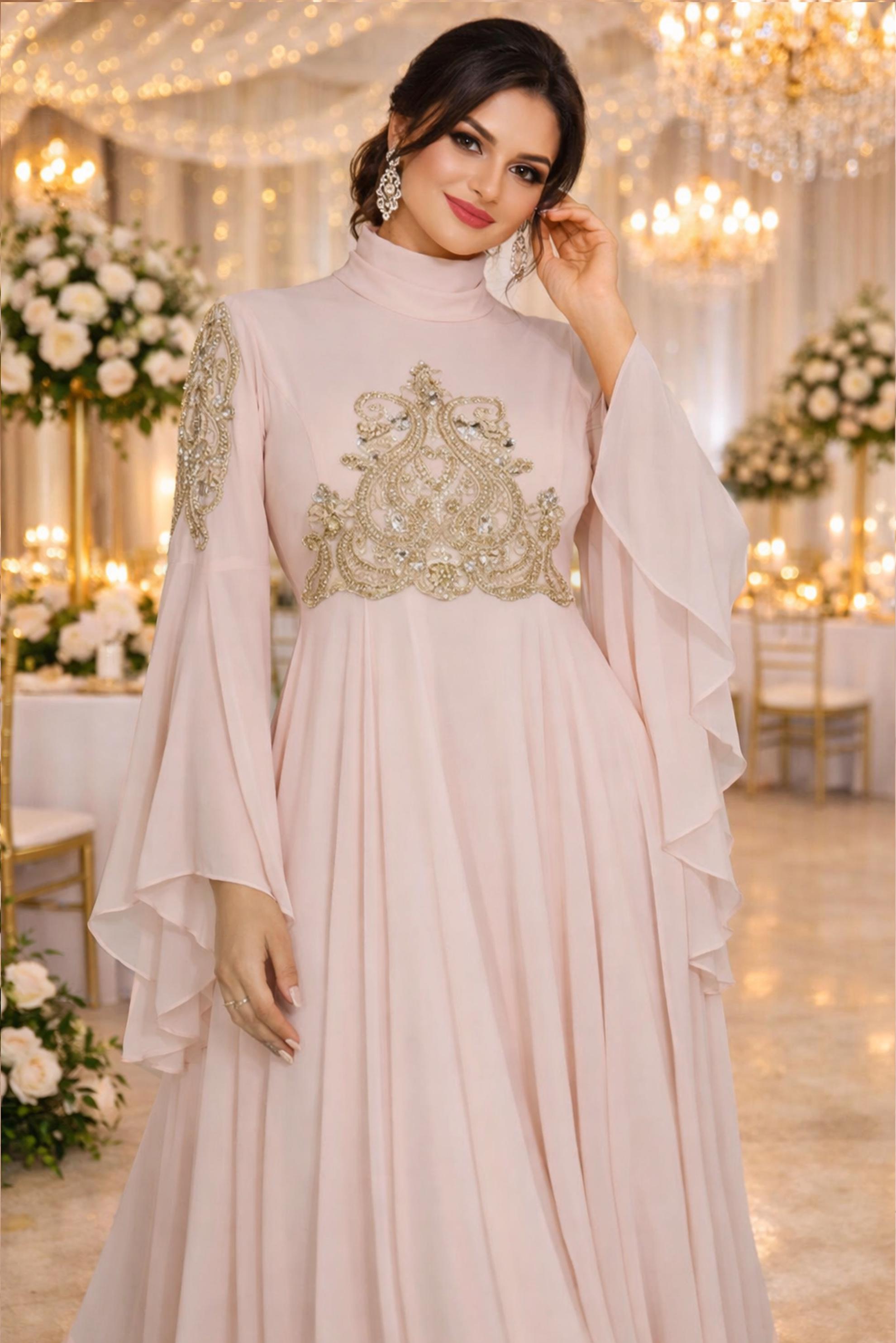 Tesettür giyim PUDRA SIRMA İŞLEMELİ VOLANLI MULTİ ŞİFON ABİYE 5517	