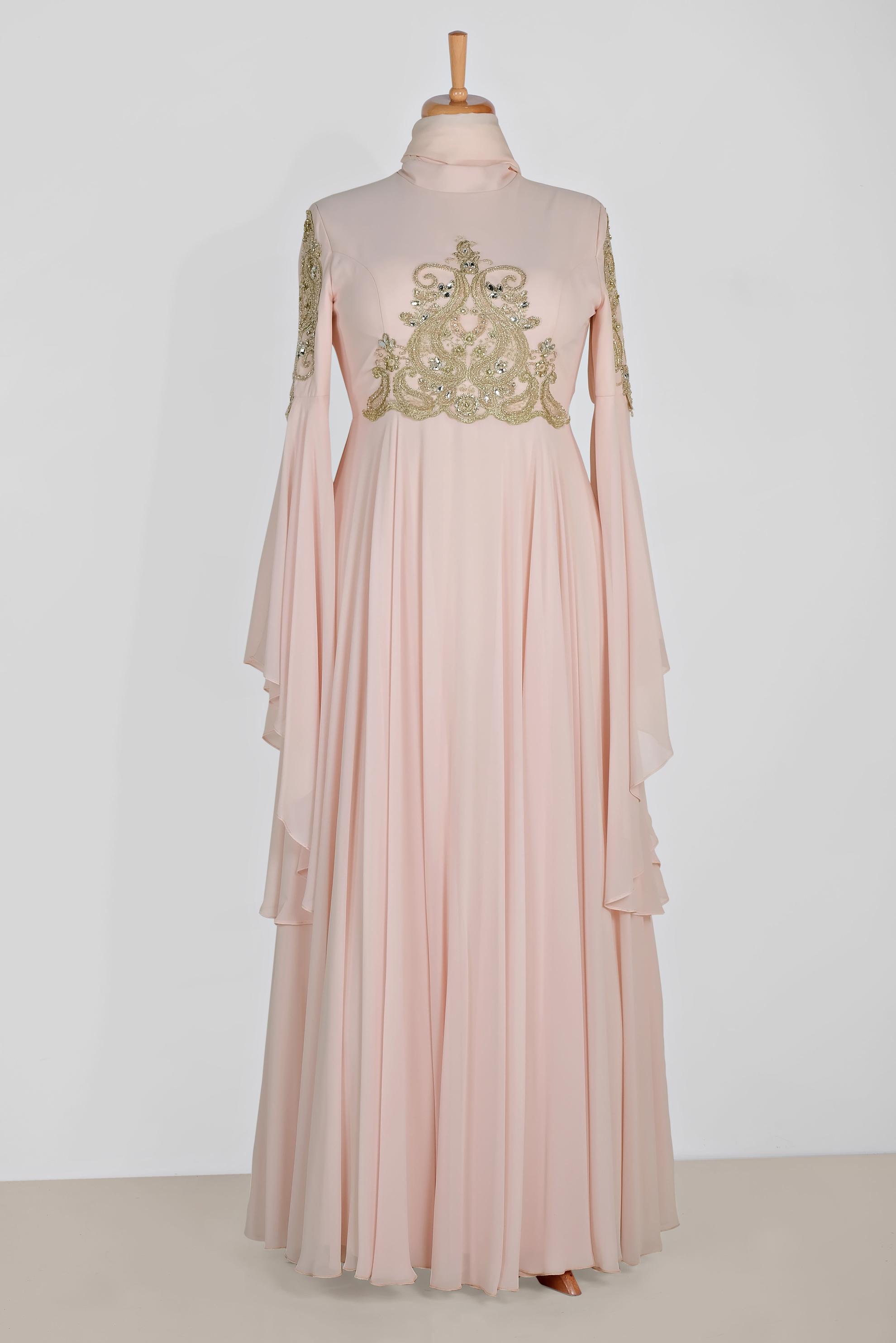 Tesettür giyim PUDRA SIRMA İŞLEMELİ VOLANLI MULTİ ŞİFON ABİYE 5517	