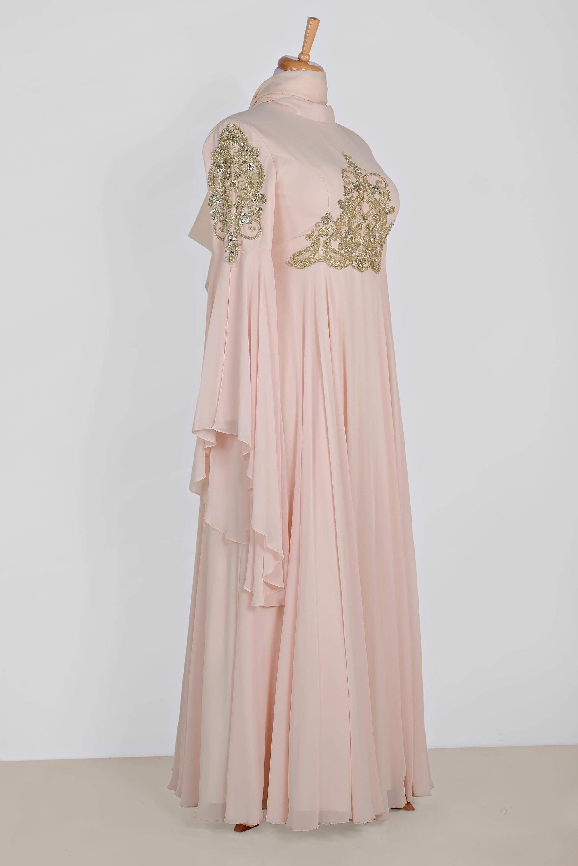 Tesettür giyim PUDRA SIRMA İŞLEMELİ VOLANLI MULTİ ŞİFON ABİYE 5517	