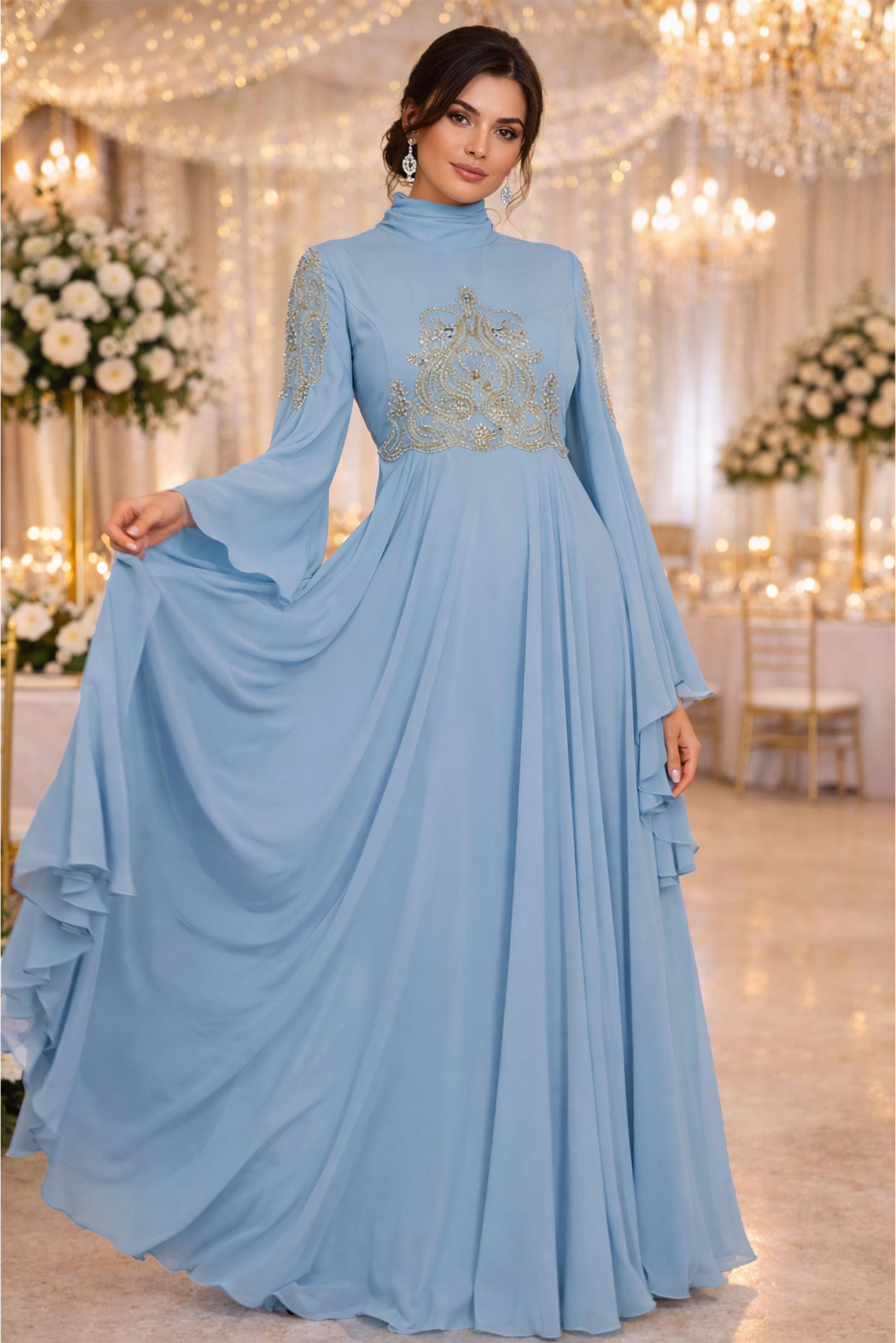 Tesettür giyim MAVİ SIRMA İŞLEMELİ VOLANLI MULTİ ŞİFON ABİYE 5517	