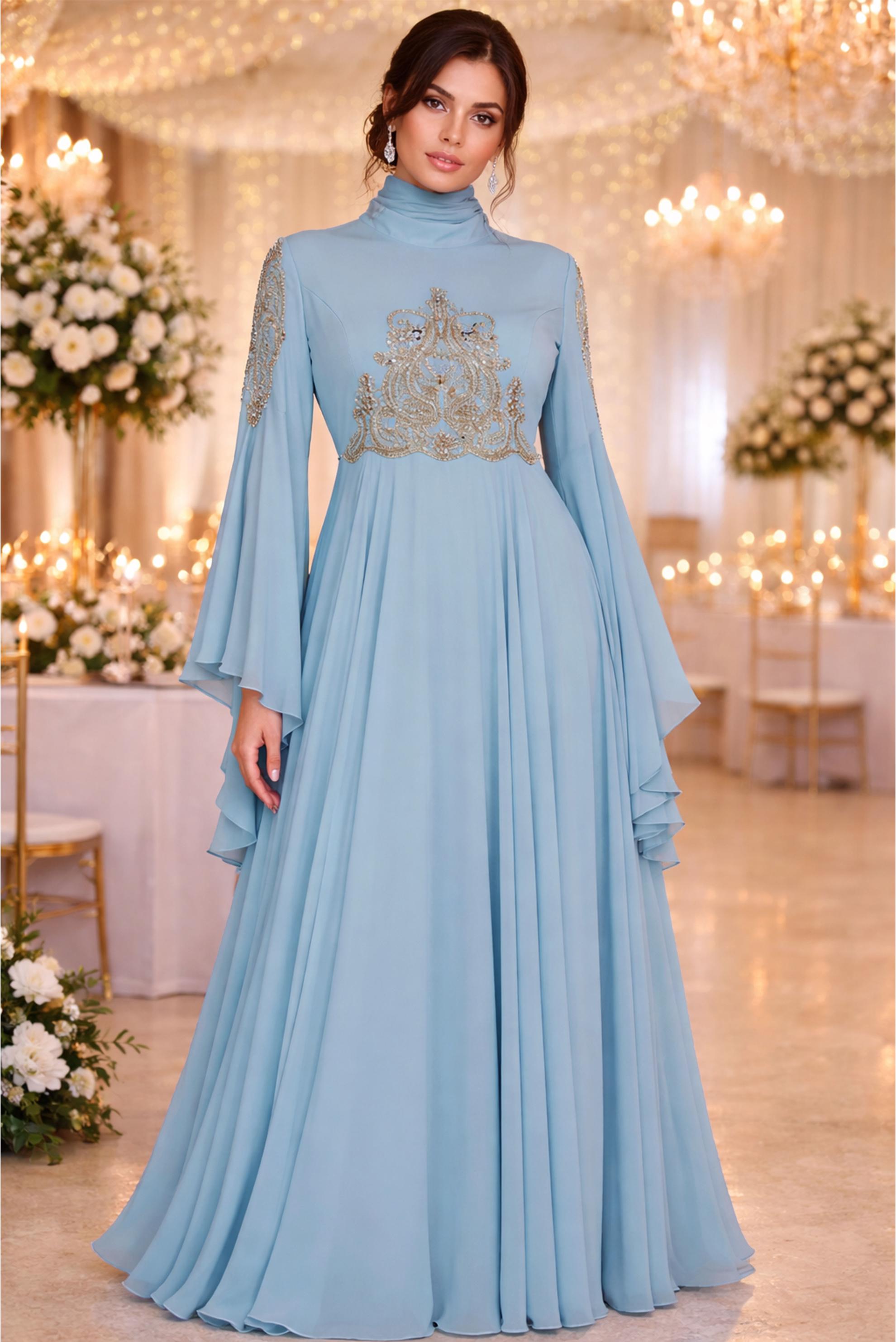 Tesettür giyim MAVİ SIRMA İŞLEMELİ VOLANLI MULTİ ŞİFON ABİYE 5517	