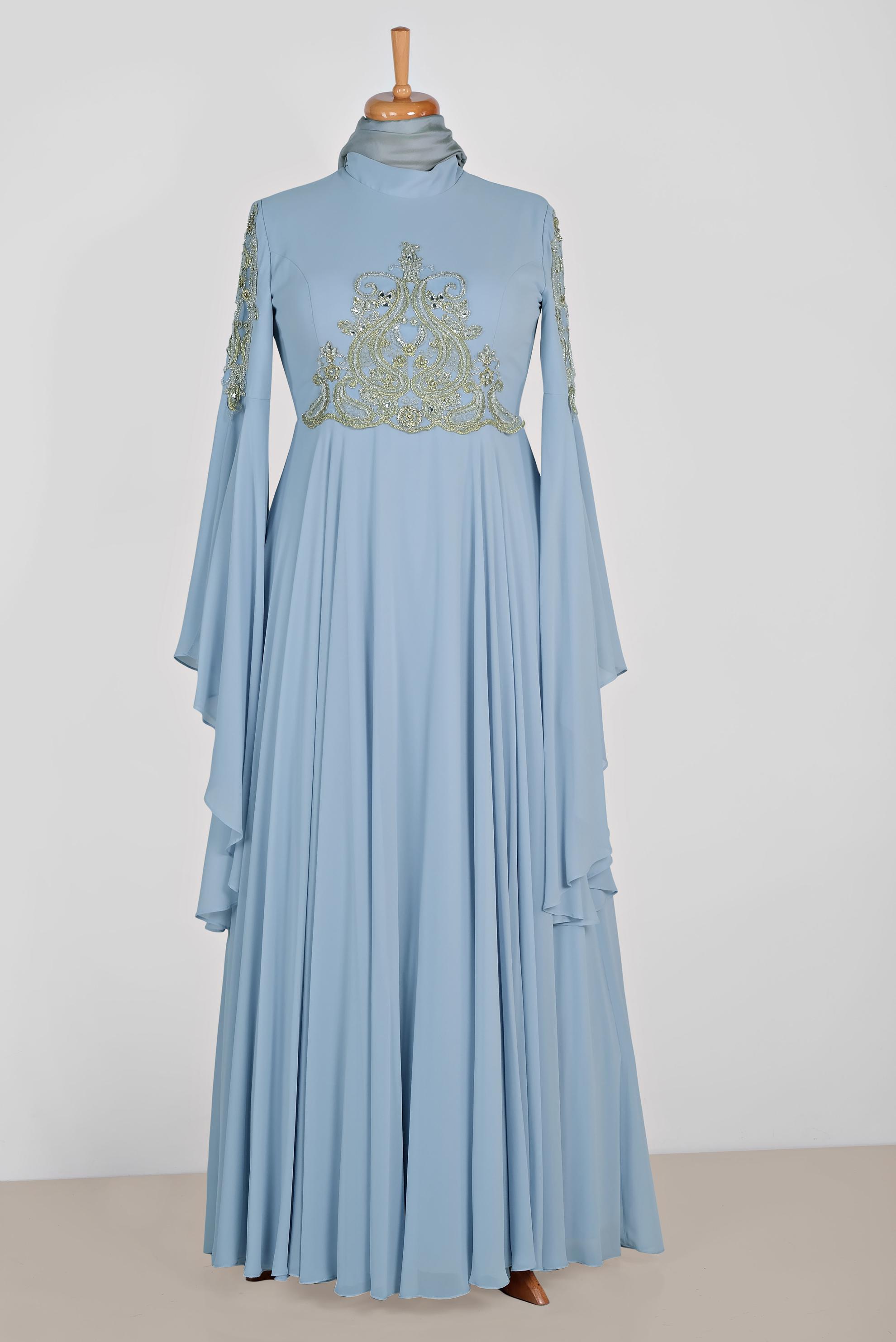 Tesettür giyim MAVİ SIRMA İŞLEMELİ VOLANLI MULTİ ŞİFON ABİYE 5517	