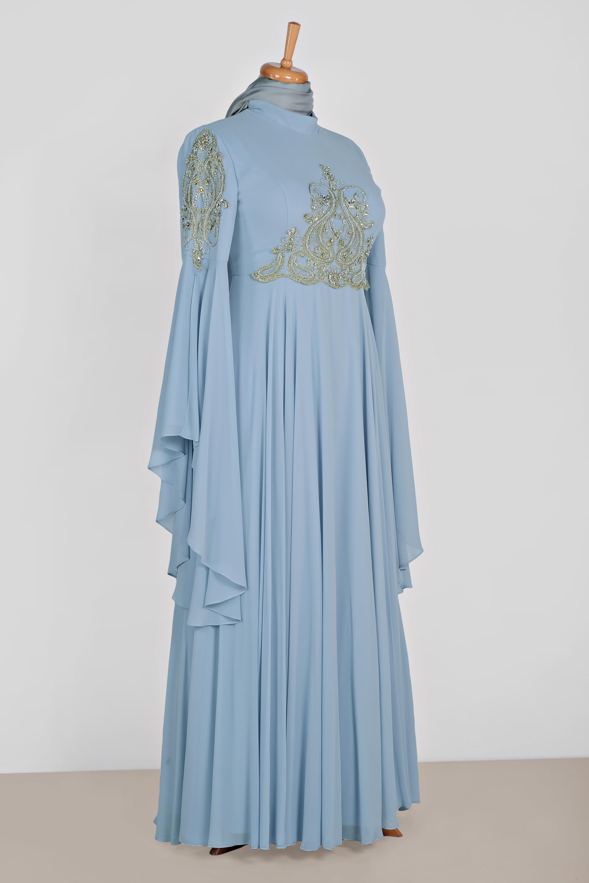 Tesettür giyim MAVİ SIRMA İŞLEMELİ VOLANLI MULTİ ŞİFON ABİYE 5517	