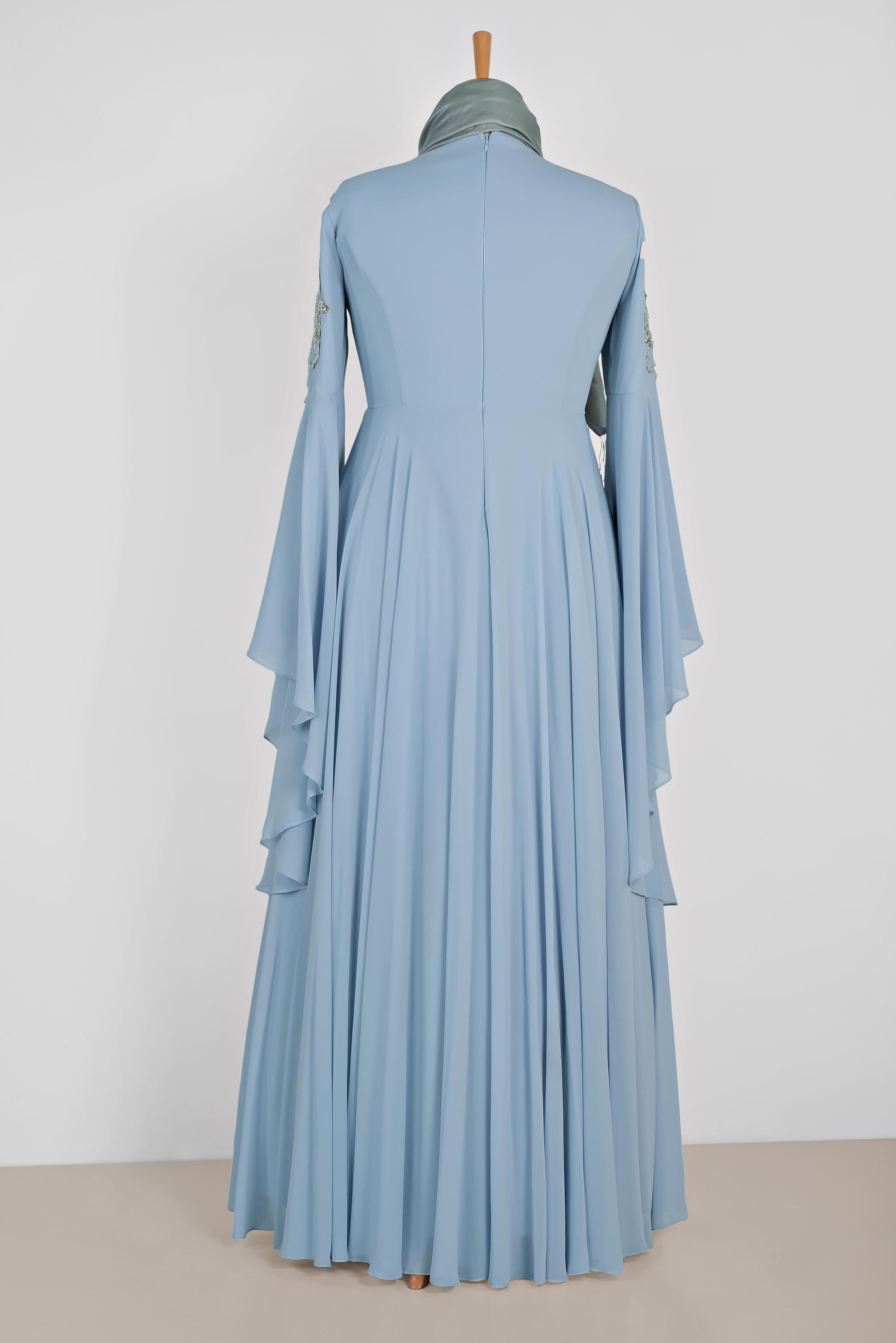 Tesettür giyim MAVİ SIRMA İŞLEMELİ VOLANLI MULTİ ŞİFON ABİYE 5517	