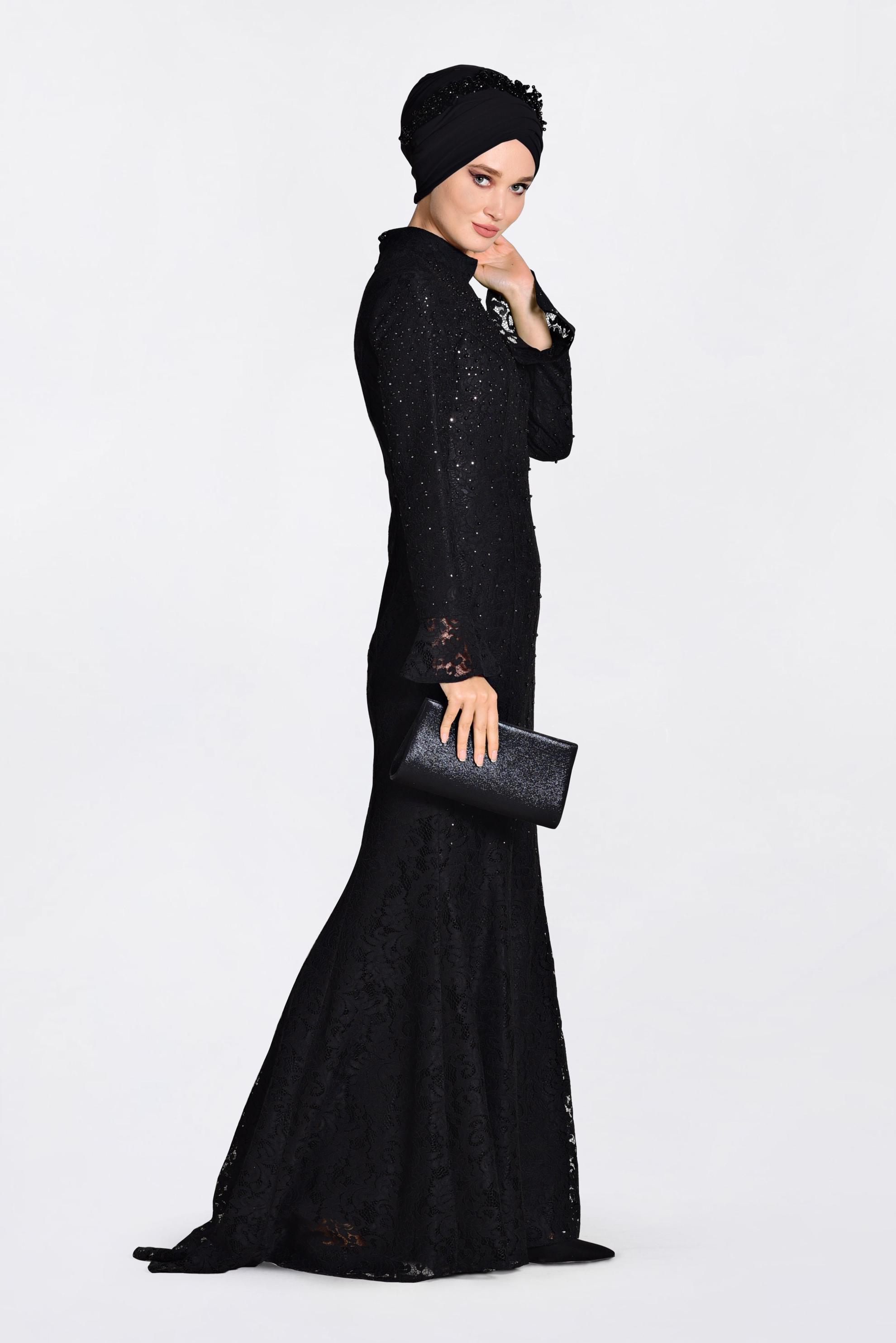 Tesettür giyim SİYAH DANTEL İŞLEMELİ ABİYE ELBİSE 5519