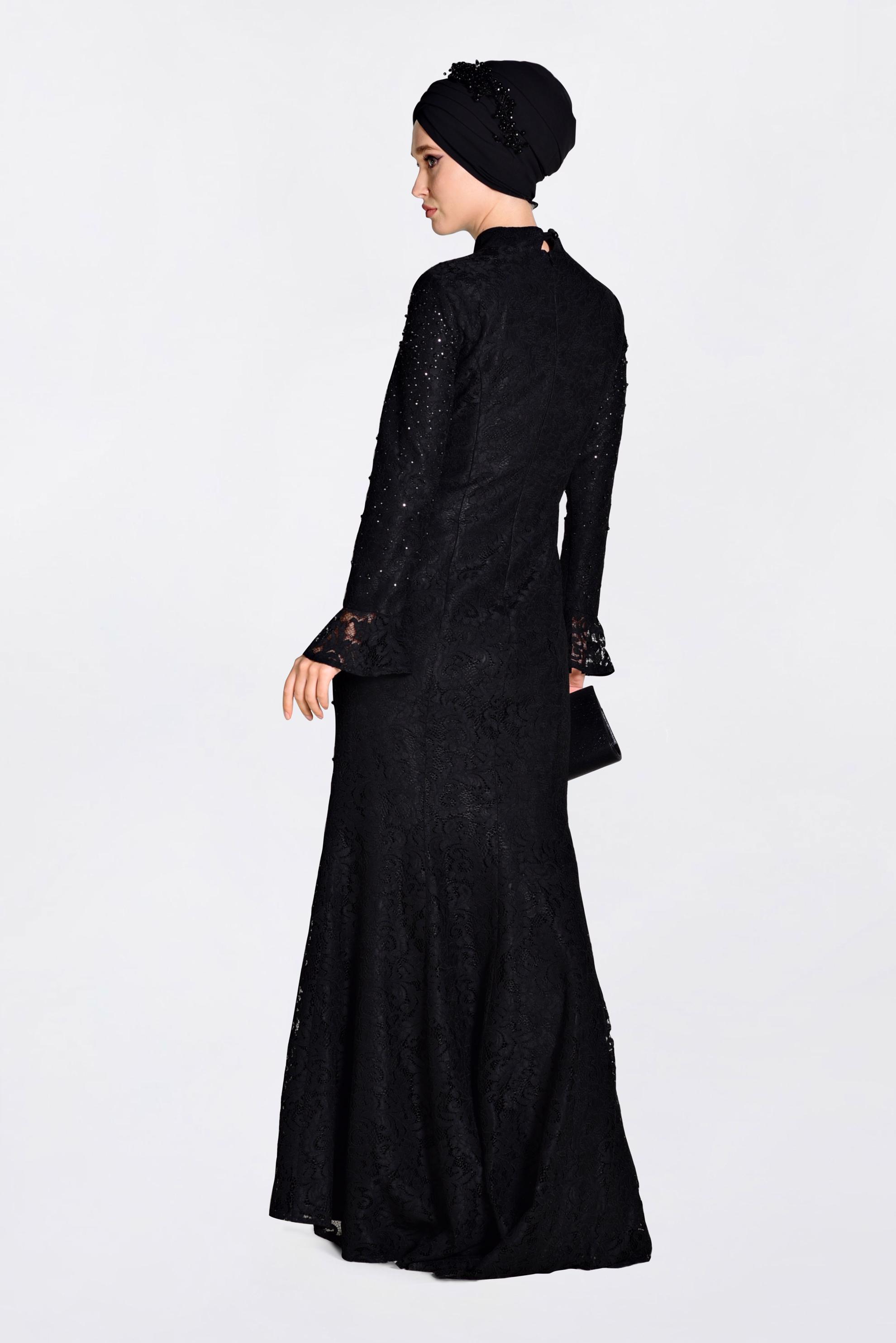 Tesettür giyim SİYAH DANTEL İŞLEMELİ ABİYE ELBİSE 5519