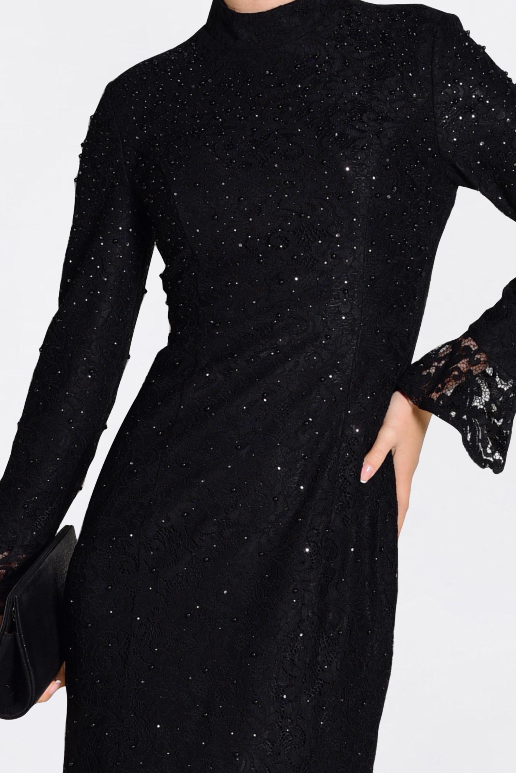 Tesettür giyim SİYAH DANTEL İŞLEMELİ ABİYE ELBİSE 5519