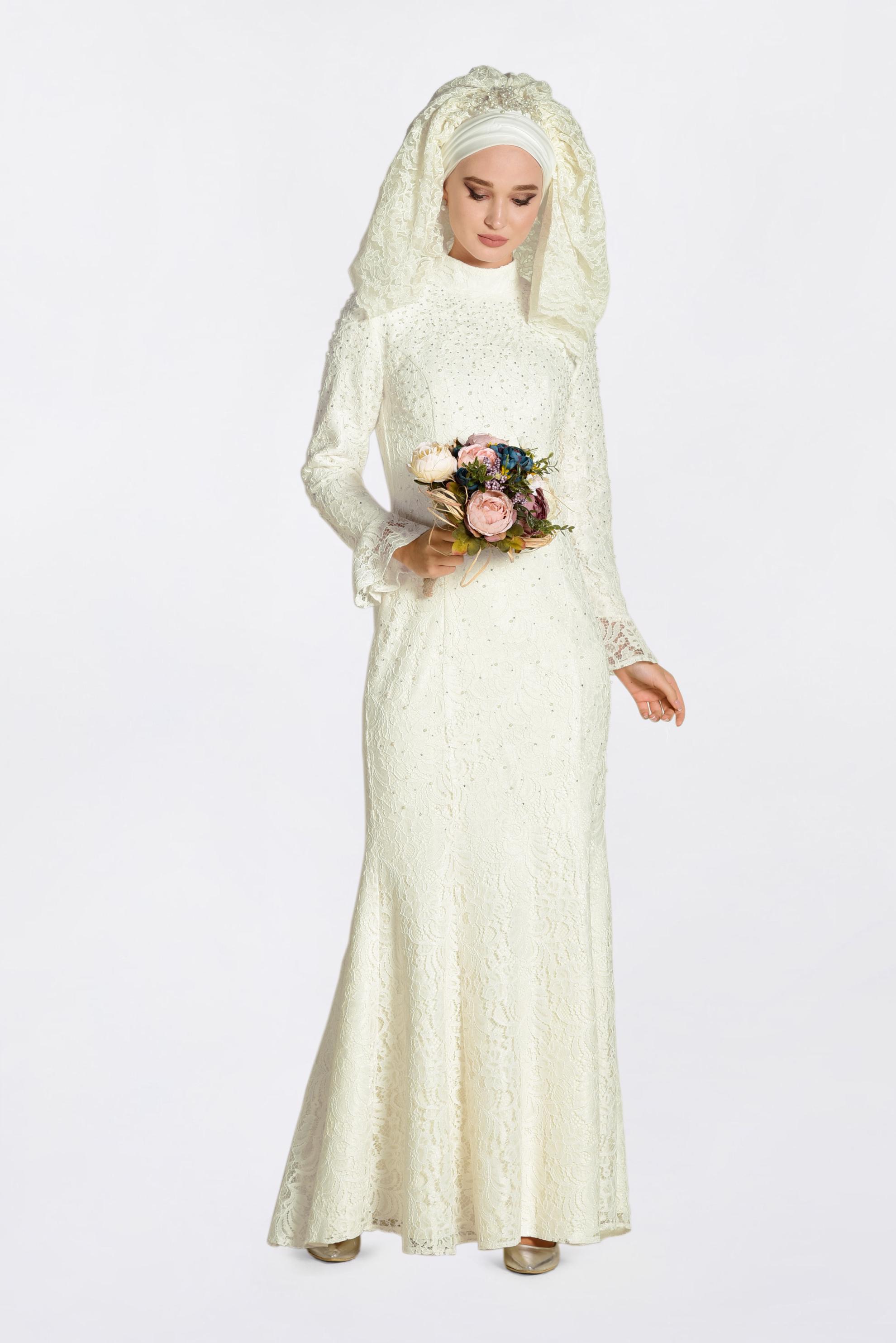 Tesettür giyim BEYAZ DANTEL İŞLEMELİ ABİYE ELBİSE 5519