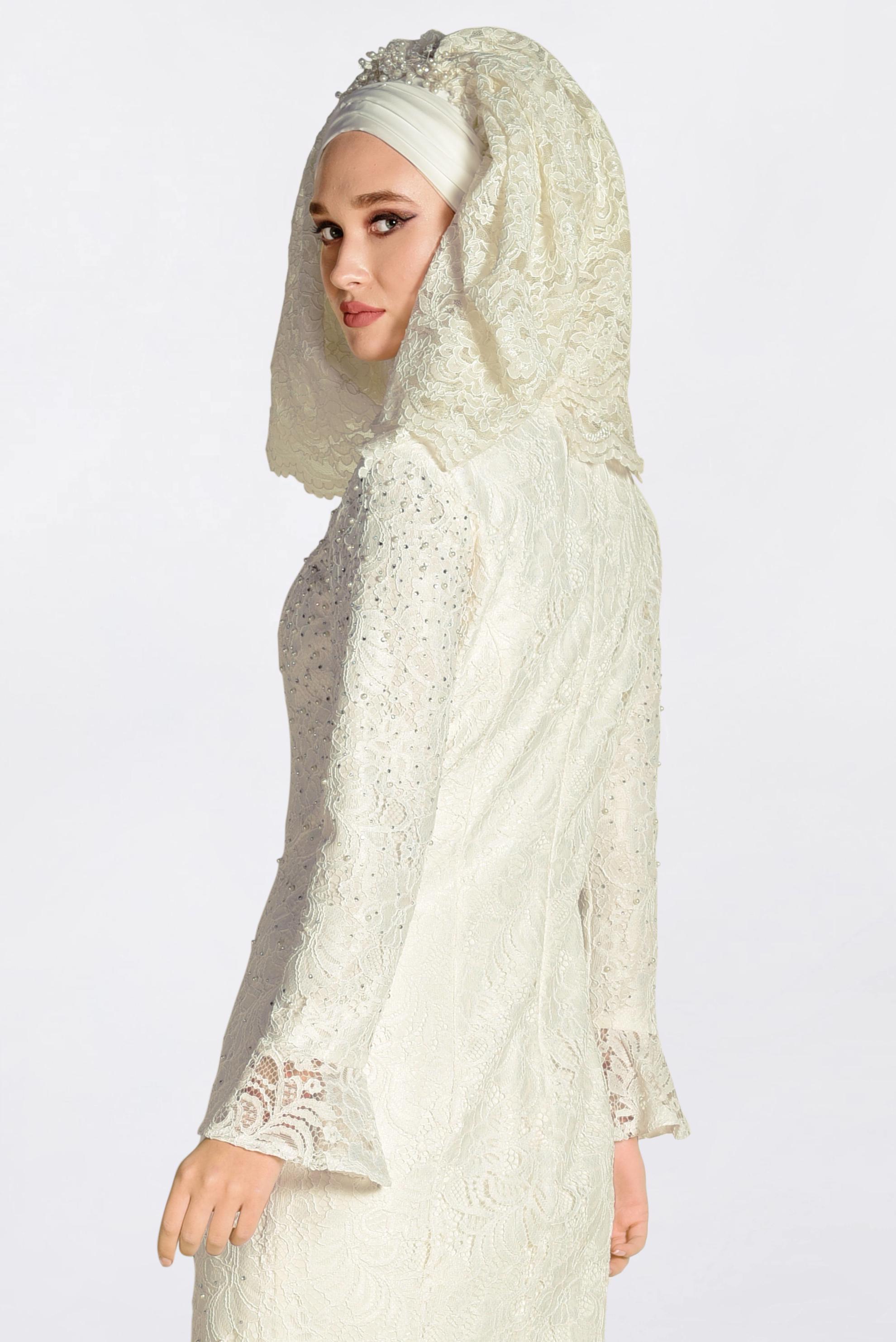 Tesettür giyim BEYAZ DANTEL İŞLEMELİ ABİYE ELBİSE 5519